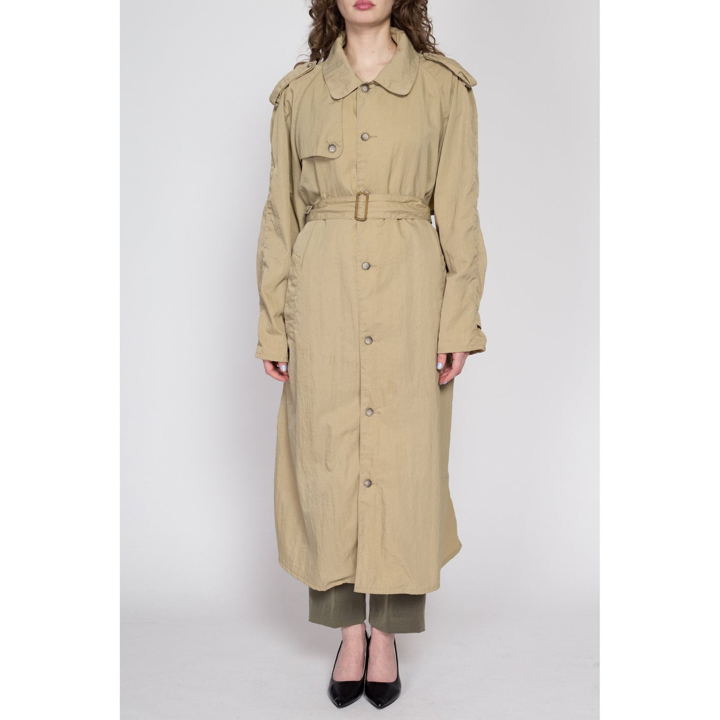 Lrg-XL 80s Banana Republic Khaki Nylon Safari Trench Coat Unisex | Vintage Belted Button Up Long Duster Jacket