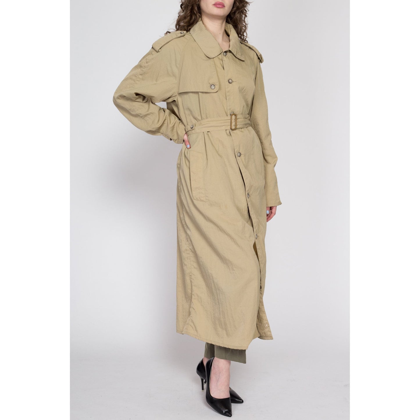 Lrg-XL 80s Banana Republic Khaki Nylon Safari Trench Coat Unisex | Vintage Belted Button Up Long Duster Jacket