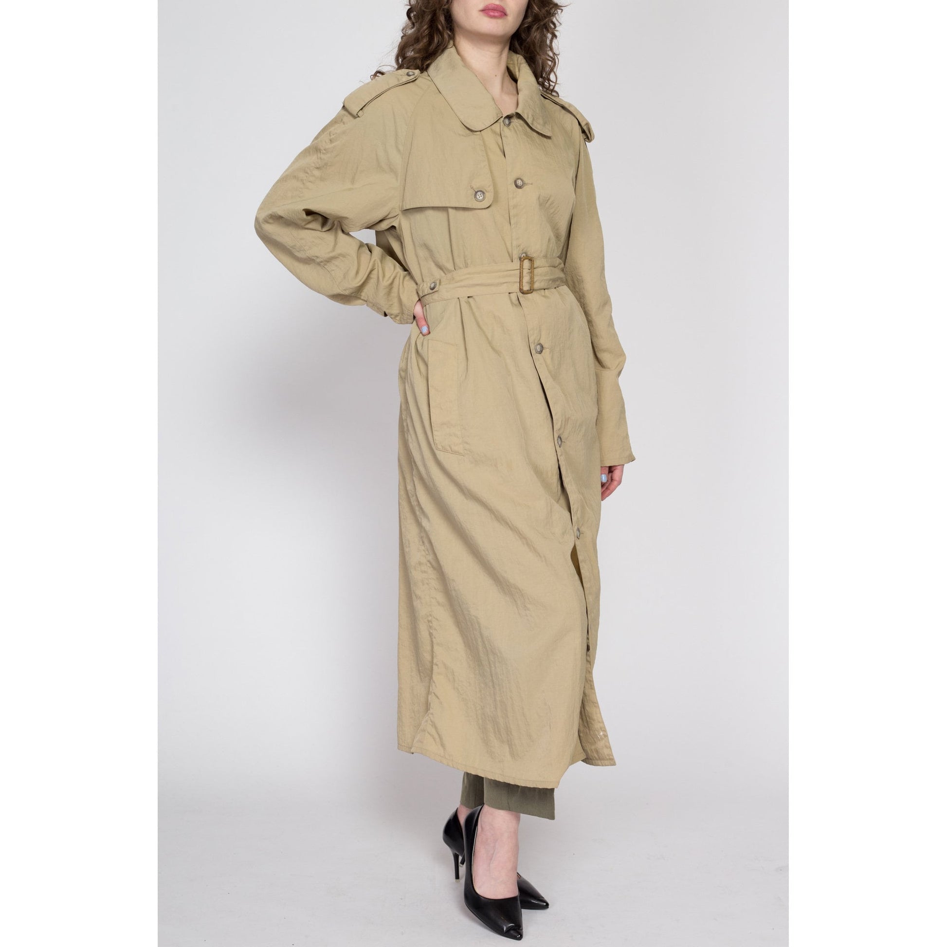 Lrg-XL 80s Banana Republic Khaki Nylon Safari Trench Coat Unisex | Vintage Belted Button Up Long Duster Jacket