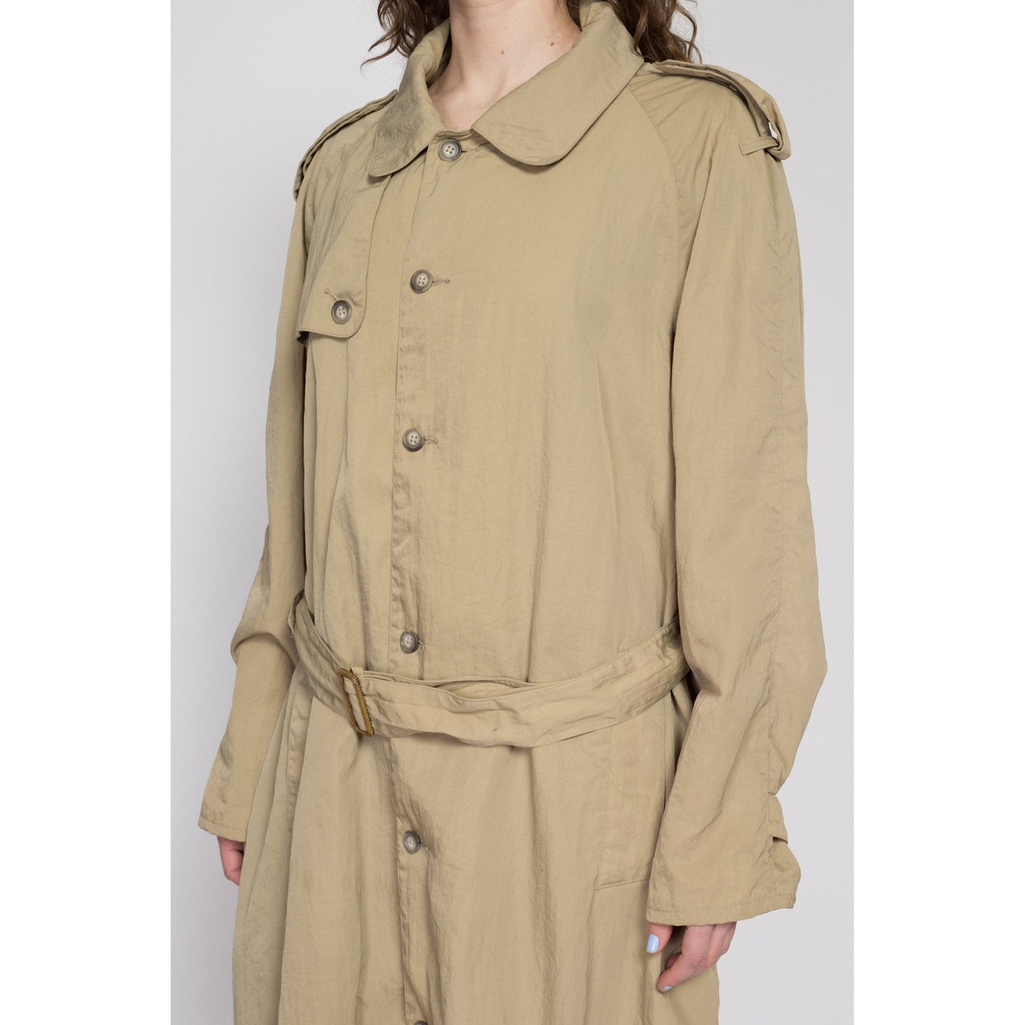 Lrg-XL 80s Banana Republic Khaki Nylon Safari Trench Coat Unisex | Vintage Belted Button Up Long Duster Jacket