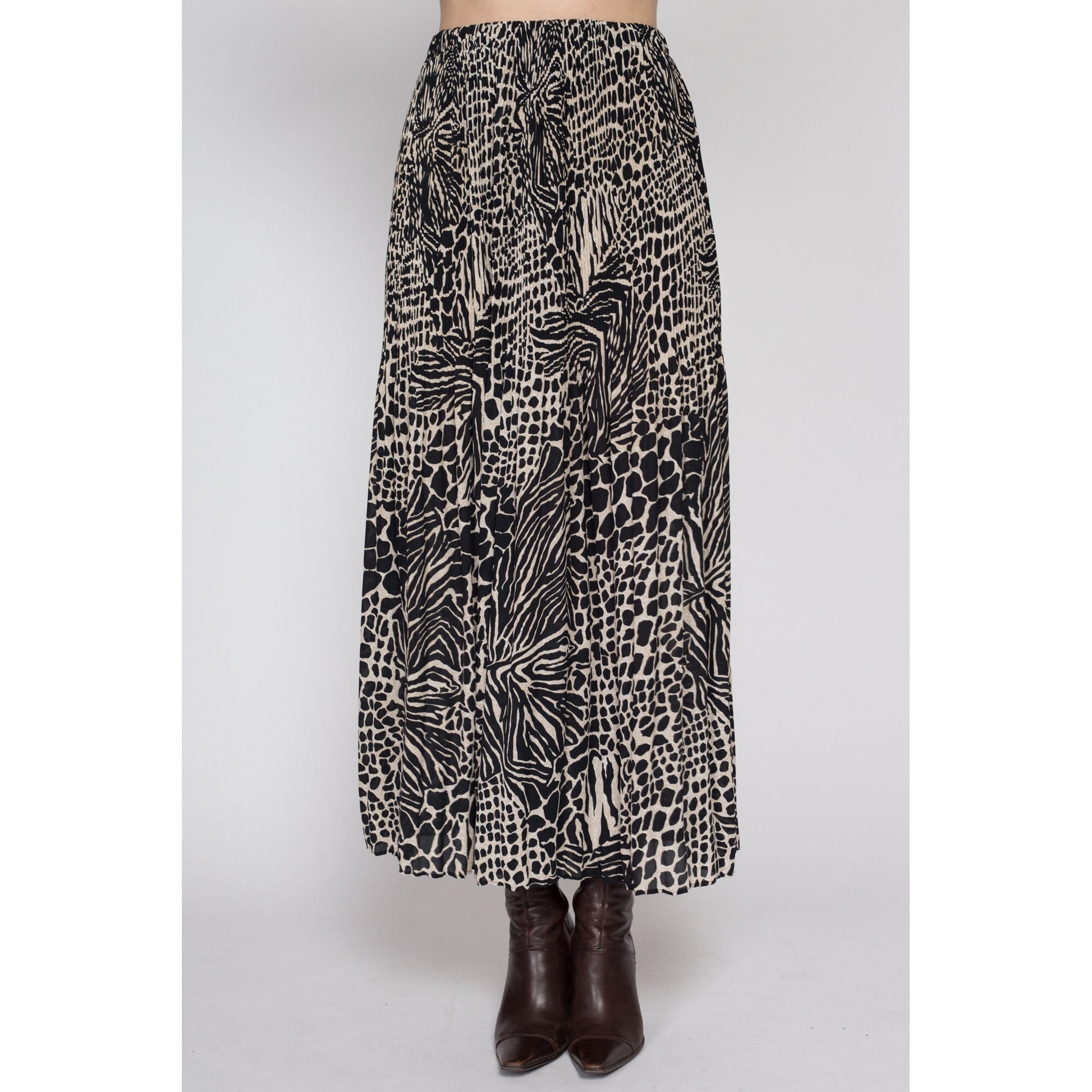 Medium 90s Animal Print Pleated Maxi Skirt | Vintage Boho Black & White High Waisted Flowy Skirt