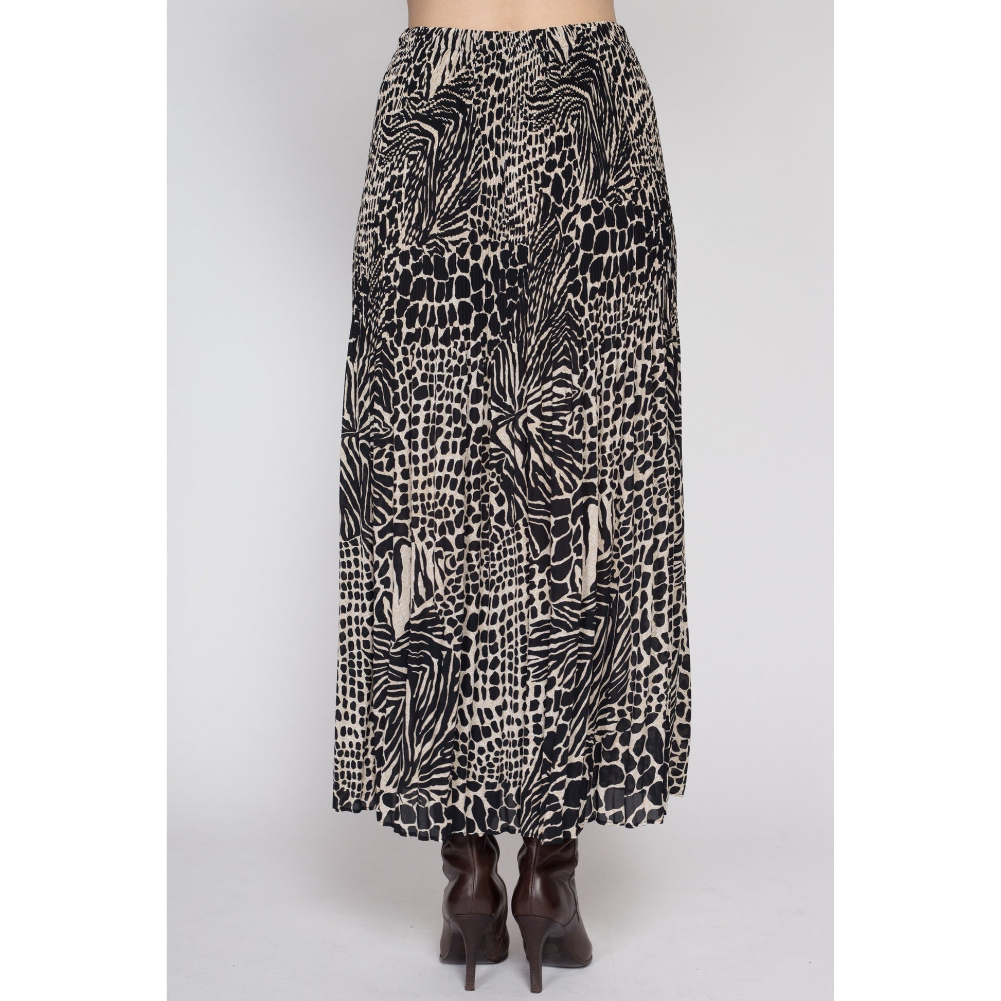 Medium 90s Animal Print Pleated Maxi Skirt | Vintage Boho Black & White High Waisted Flowy Skirt
