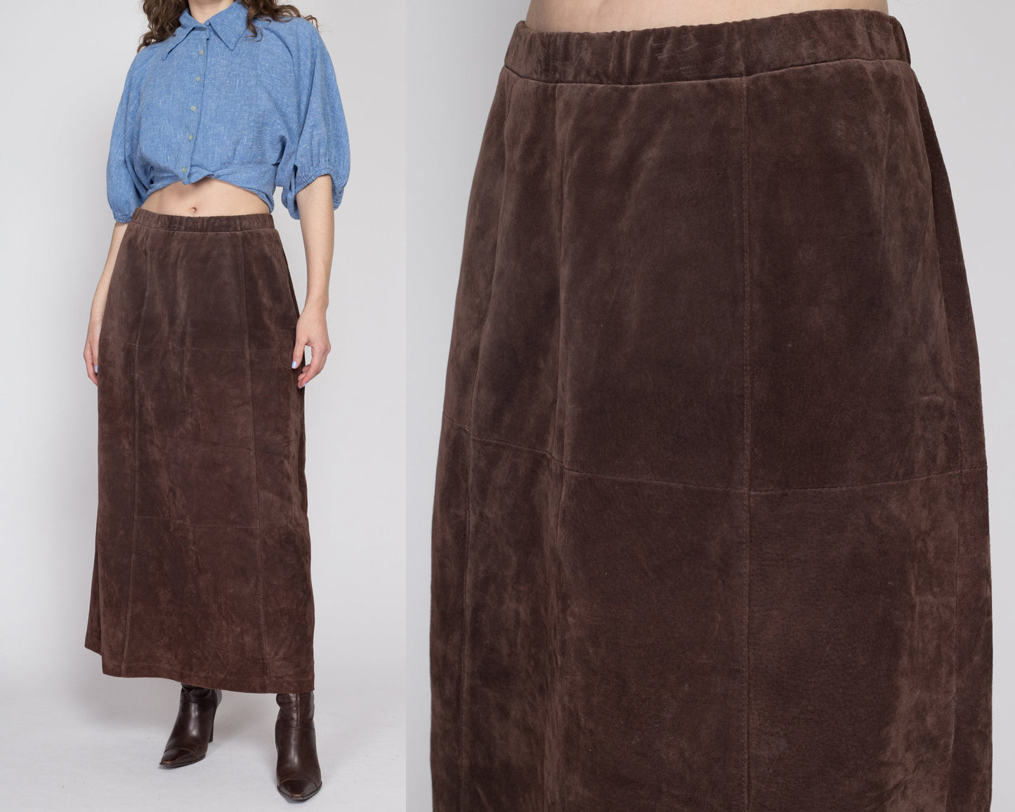 Med-Lrg 90s Chocolate Brown Suede Maxi Skirt 28"-31" | Vintage Boho Leather High Waisted Western Skirt