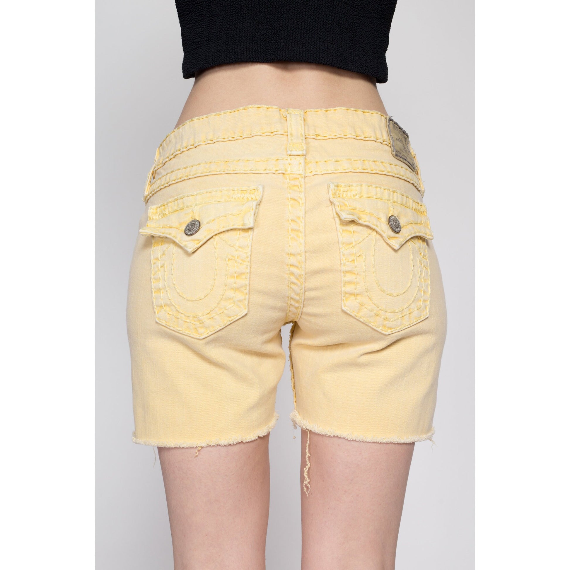 Medium Y2K True Religion Yellow Low Rise Cut Offs | Vintage Lily Denim Cutoff Bermuda Shorts
