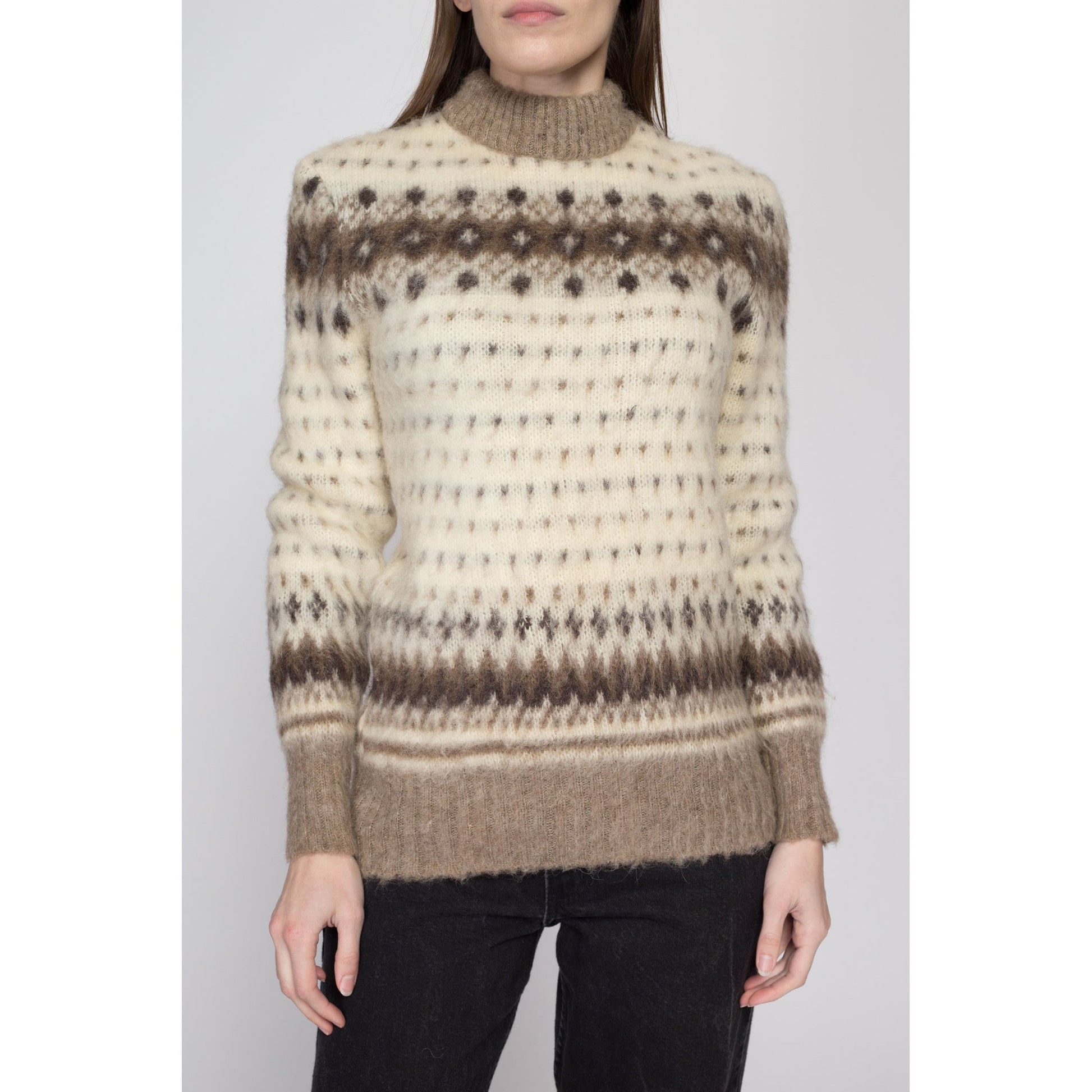 XS-Sm 70s Icelandic Fair Isle Sweater | Vintage Nordic Lopi Lopapeysa Hand Knit Wool Pullover Jumper