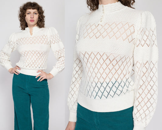 Sm-Med 70s Boho White Eyelet Knit Sweater Top | Vintage Puff Sleeve Henley Pullover