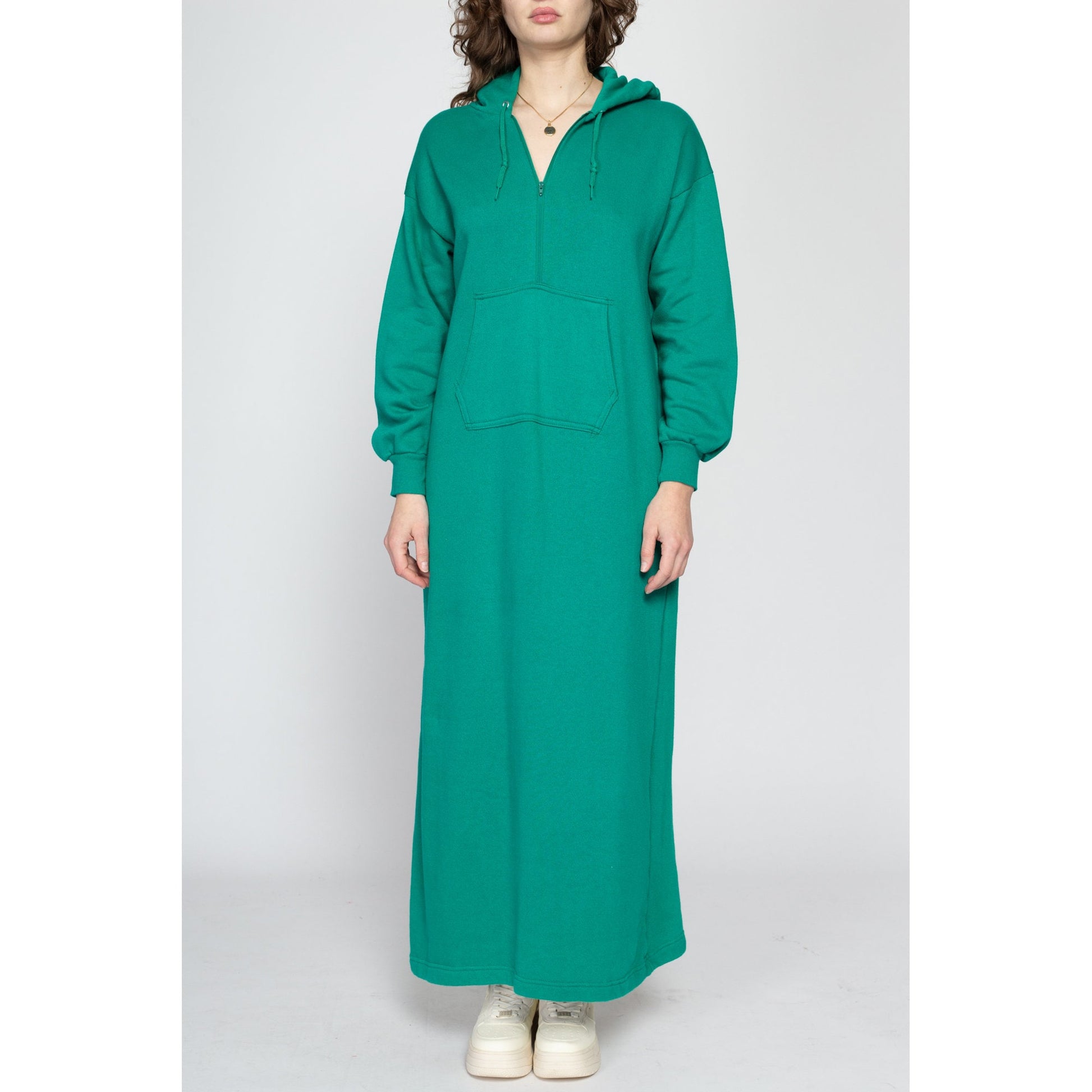 Medium 80s Teal Hooded Sweatshirt Dress | Vintage Half Zip Up Soft Slouchy Hoodie Maxi Dress