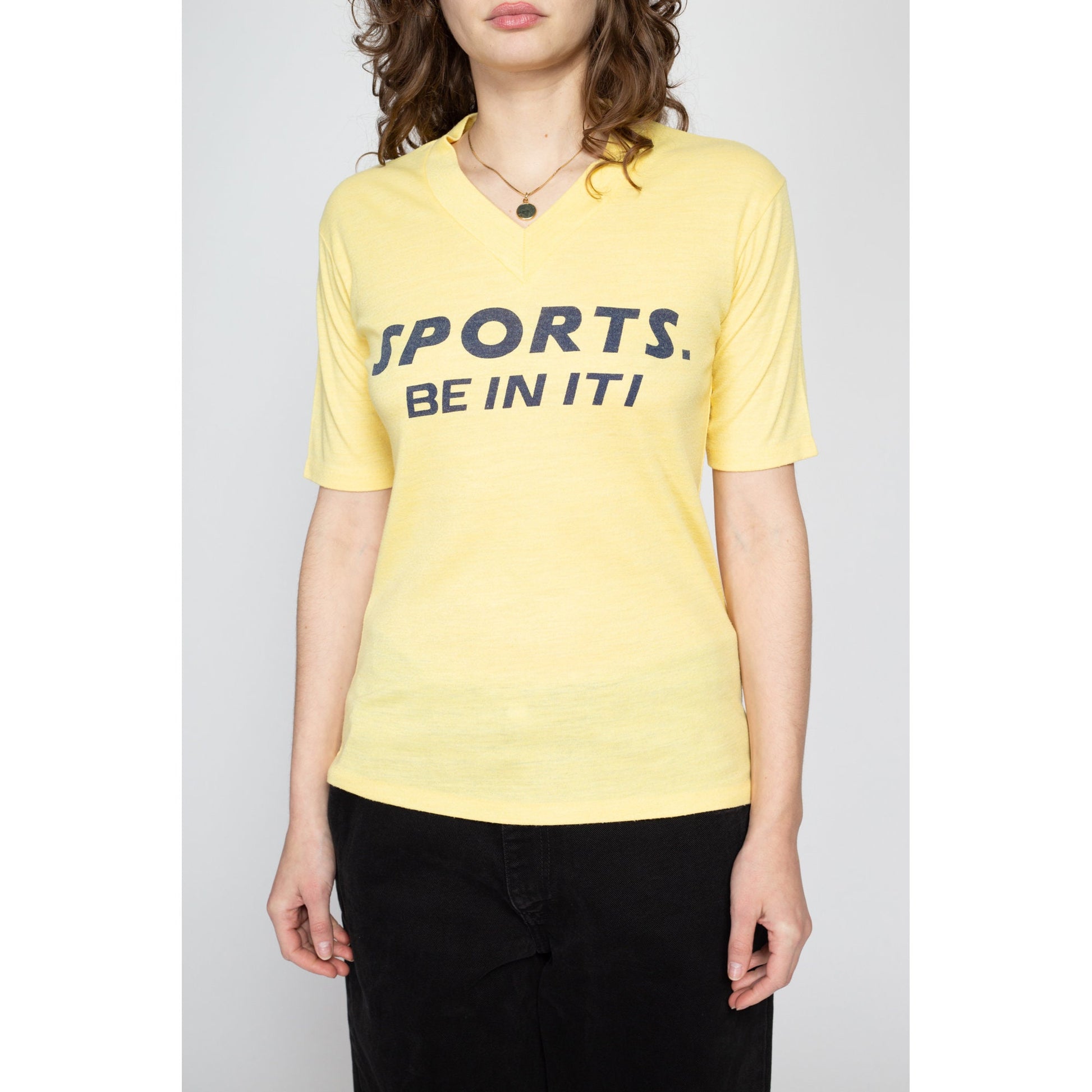 Medium 80s "Sports - Be In ITI" T Shirt | Vintage V Neck Yellow Graphic Tee