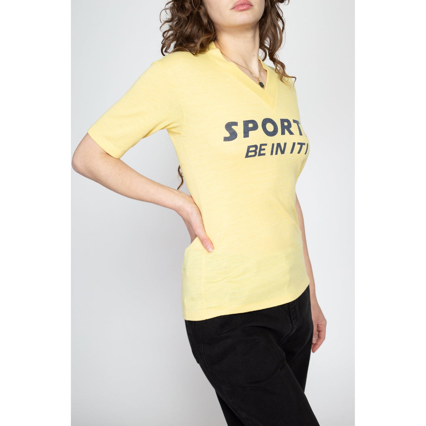 Medium 80s "Sports - Be In ITI" T Shirt | Vintage V Neck Yellow Graphic Tee