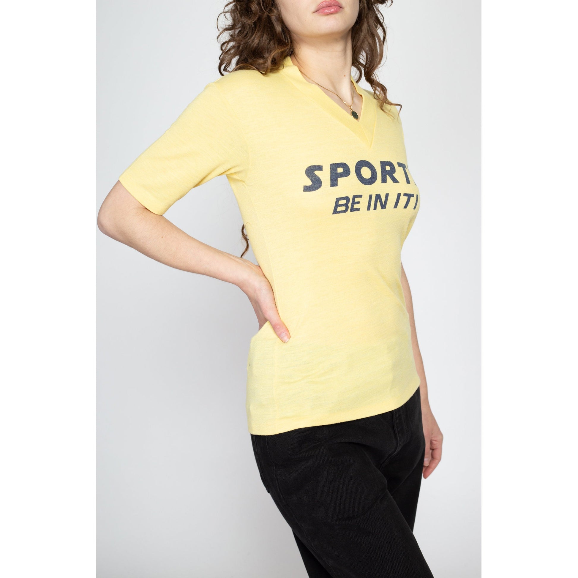 Medium 80s "Sports - Be In ITI" T Shirt | Vintage V Neck Yellow Graphic Tee
