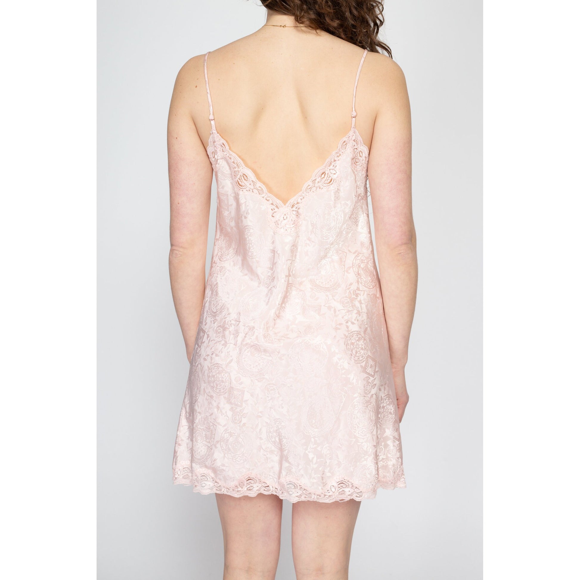 Medium 90s Victoria's Secret Baby Pink Floral Slip Dress | Vintage Jacquard Satin Lace Trim Mini Lingerie Nightie