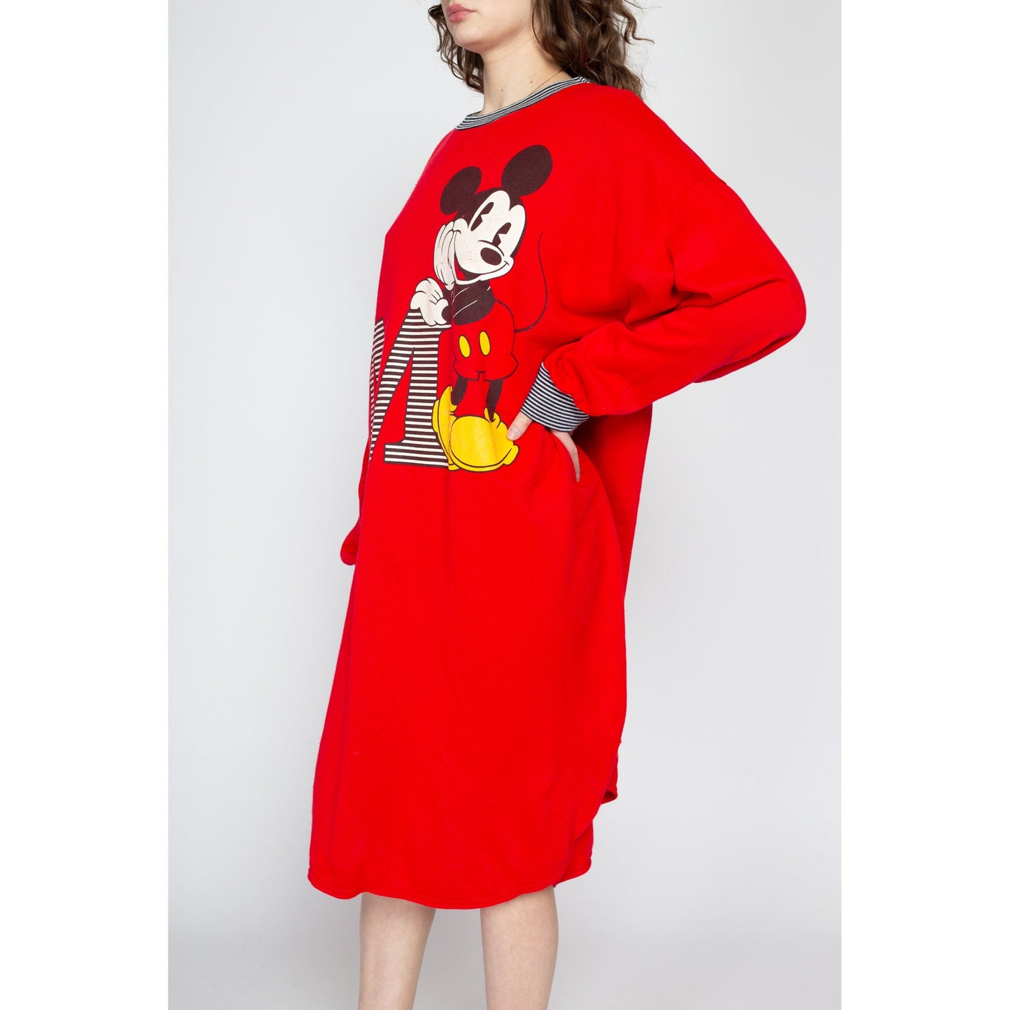 1X 80s Mickey Mouse Red Sweatshirt Dress | Vintage Disney Cartoon Oversize Graphic Pajama Sleep Shirt