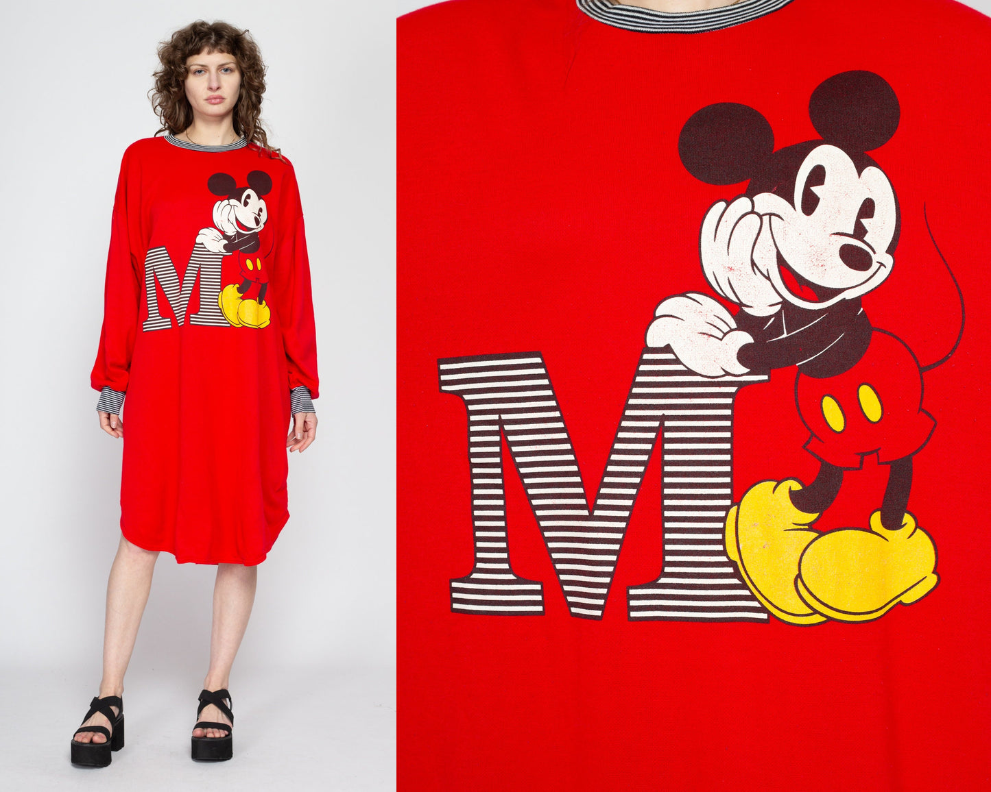 1X 80s Mickey Mouse Red Sweatshirt Dress | Vintage Disney Cartoon Oversize Graphic Pajama Sleep Shirt