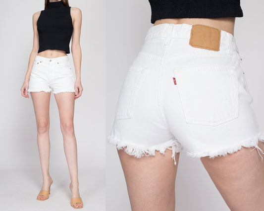 XS-Sm Vintage Levis 501 White High Waisted Jean Shorts 26" | 80s 90s Levi's Frayed Denim Cutoffs