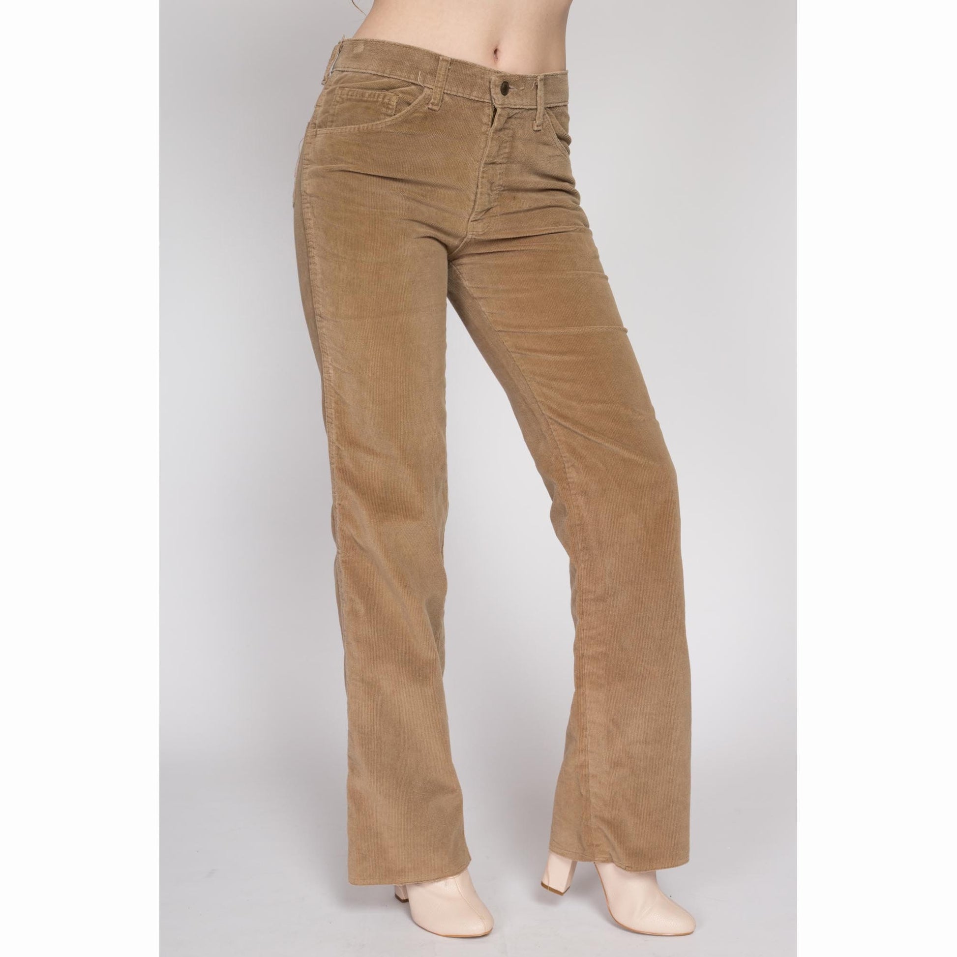 Medium 70s Tan Corduroy Mid Rise Flared Pants | Vintage Cords Retro Flared Hippie Trousers