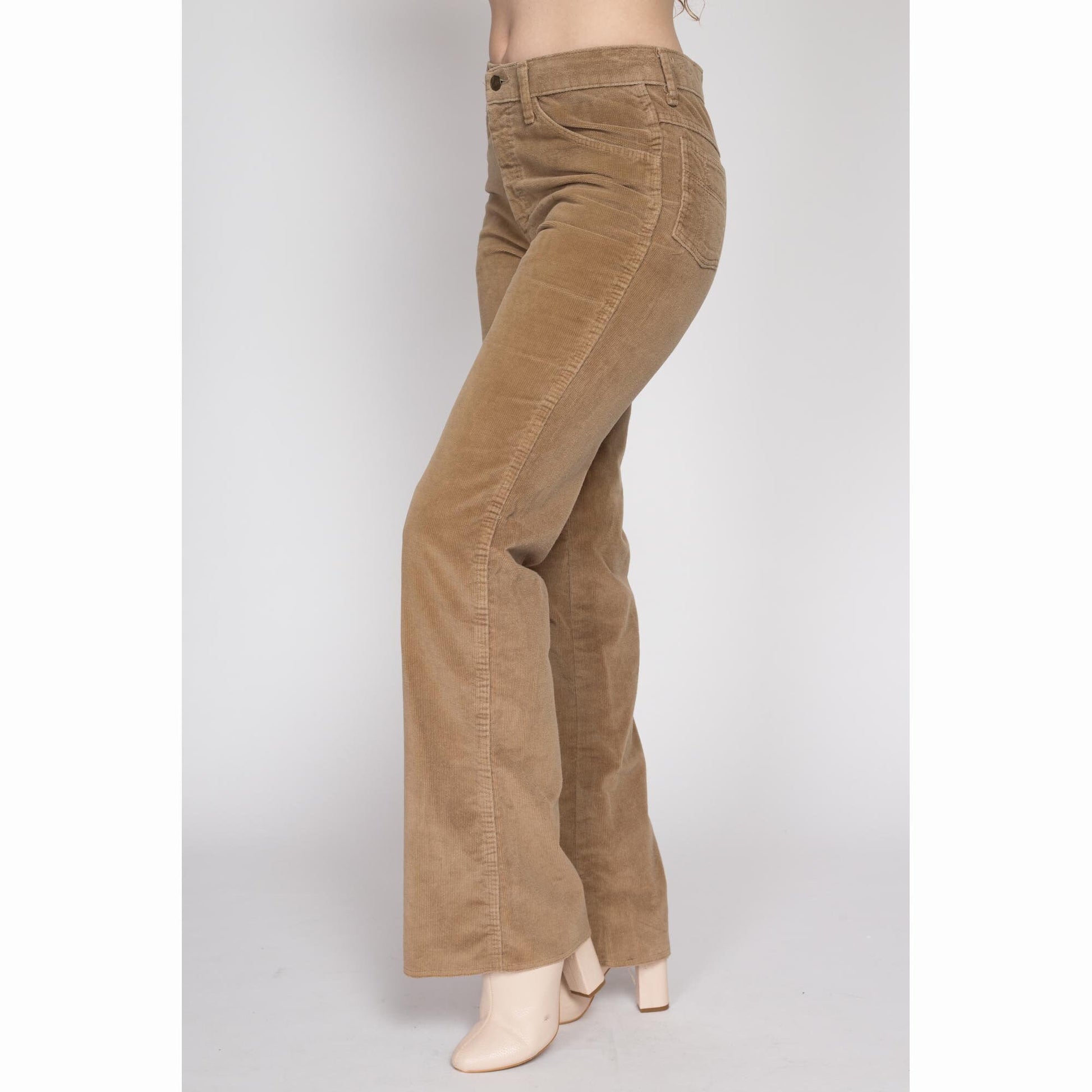 Medium 70s Tan Corduroy Mid Rise Flared Pants | Vintage Cords Retro Flared Hippie Trousers