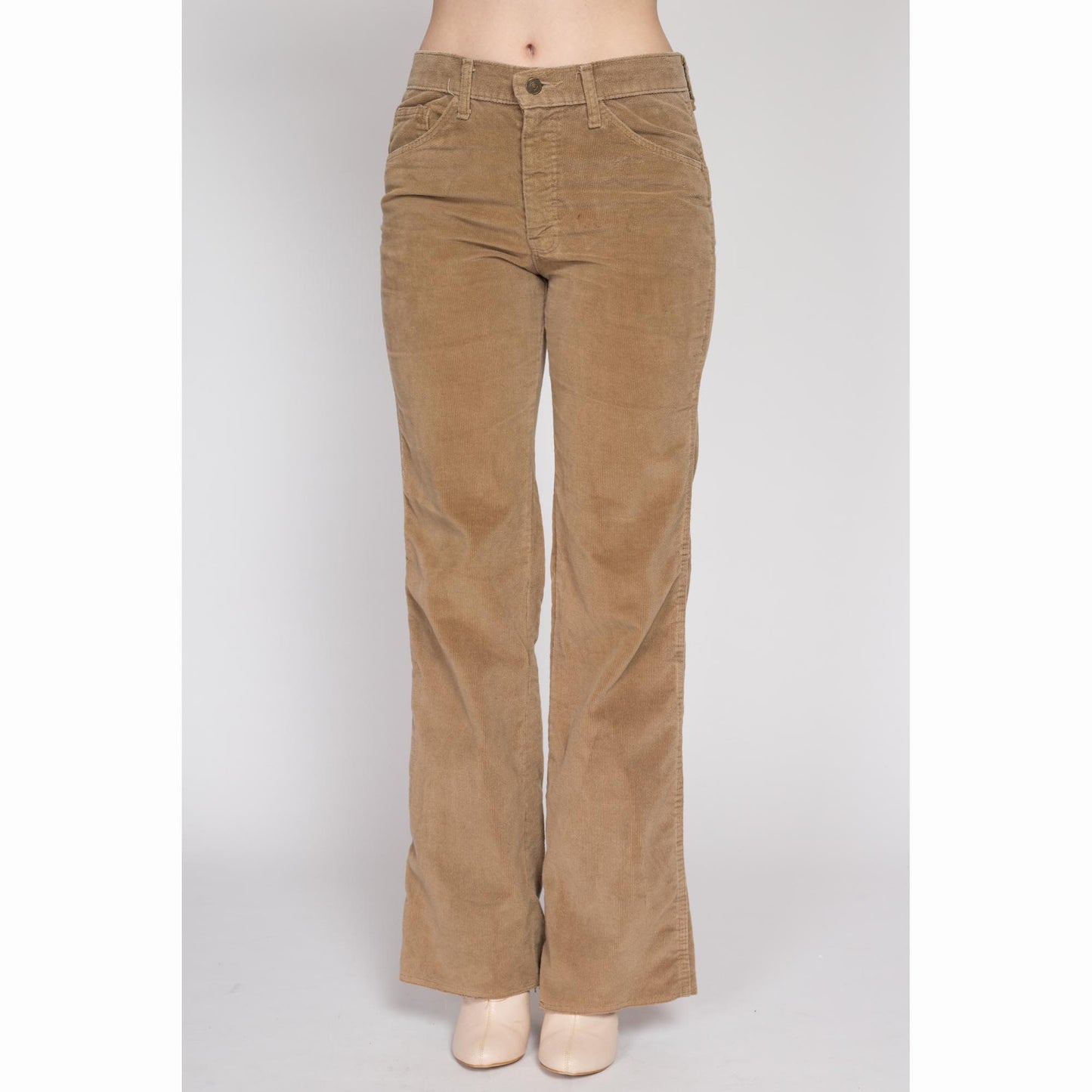 Medium 70s Tan Corduroy Mid Rise Flared Pants | Vintage Cords Retro Flared Hippie Trousers