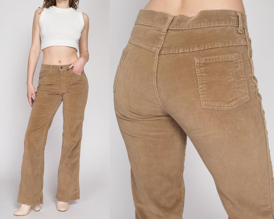 Medium 70s Tan Corduroy Mid Rise Flared Pants | Vintage Cords Retro Flared Hippie Trousers