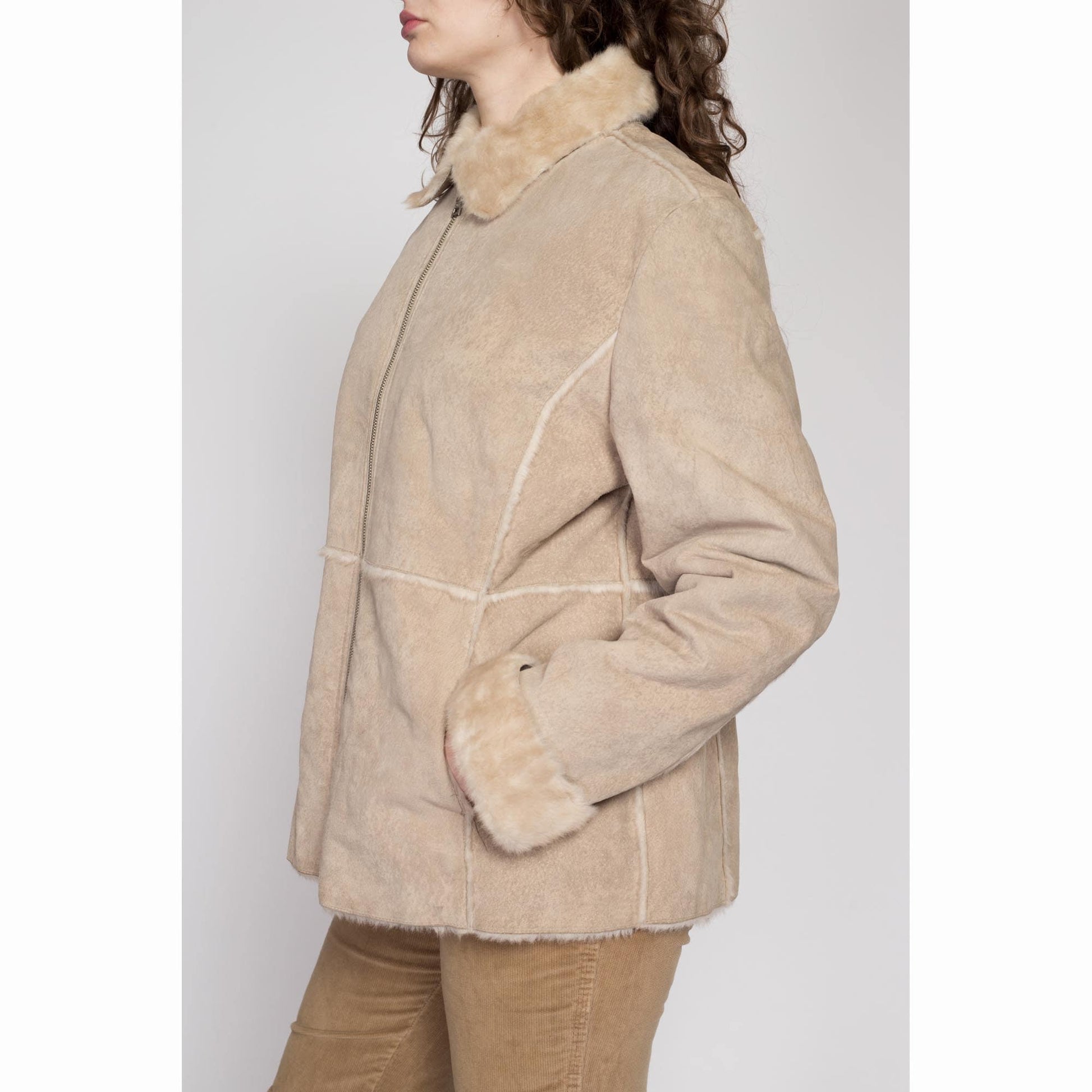 XL Y2K Guess Tan Suede Shearling Coat | Vintage Zip Up Patchwork Leather Faux Fur Lined Jacket