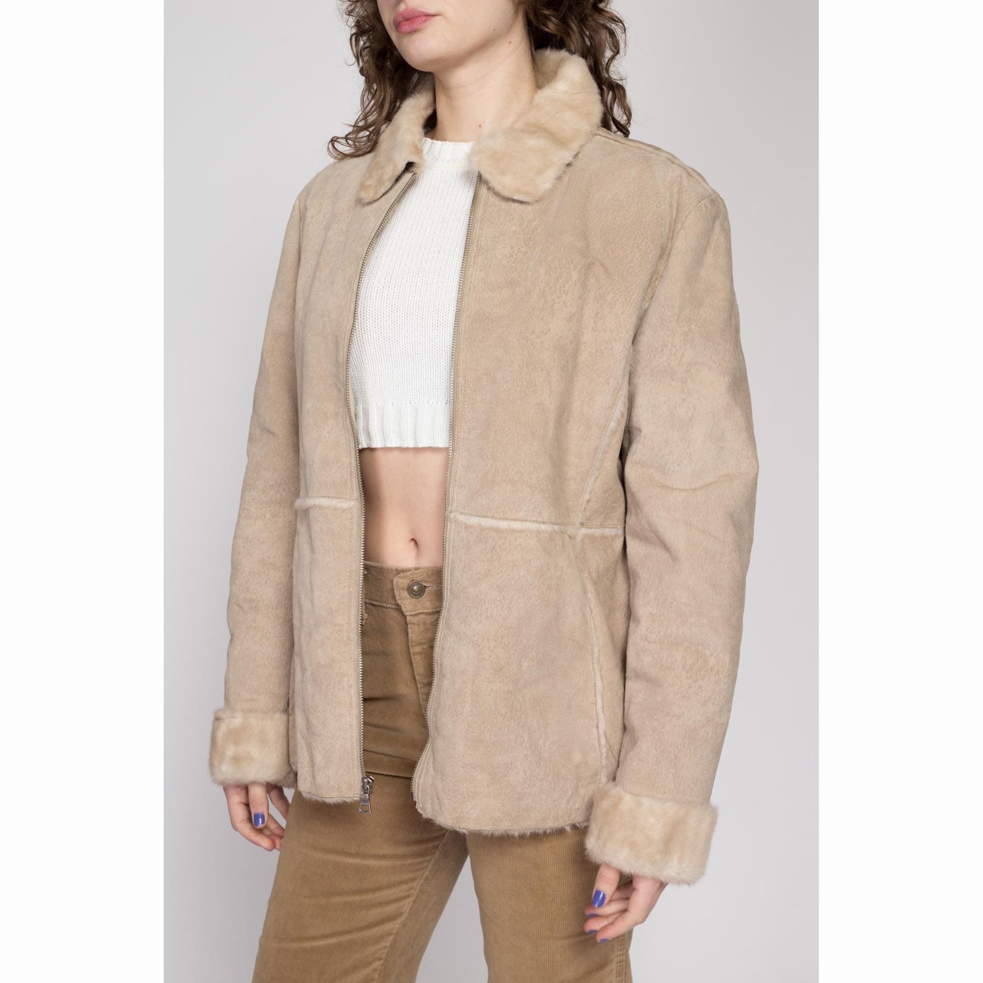 XL Y2K Guess Tan Suede Shearling Coat | Vintage Zip Up Patchwork Leather Faux Fur Lined Jacket