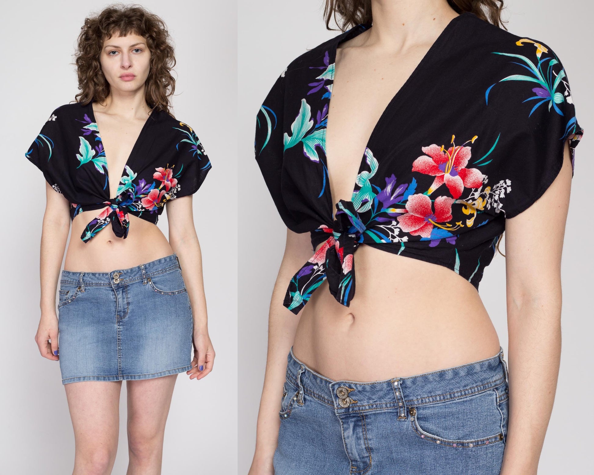 Lrg-XL 80s Black Tropical Floral Tie Front Crop Top | Vintage Boho Cap Sleeve Cropped Blouse