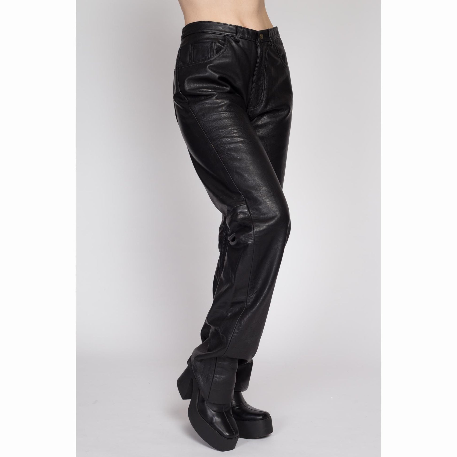 XL 90s Black Leather High Waisted Trousers | Vintage Bootcut Leg Biker Pants