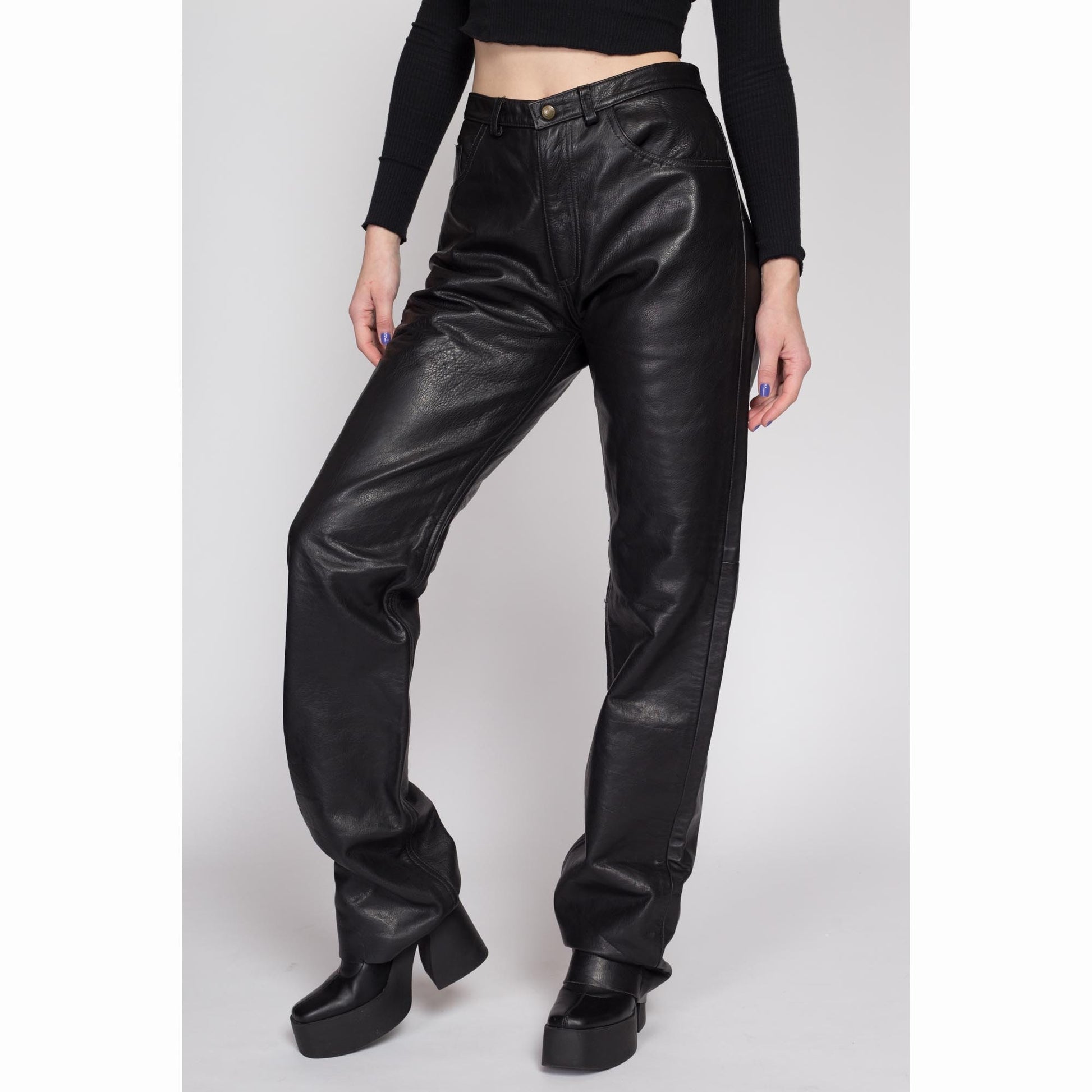 XL 90s Black Leather High Waisted Trousers | Vintage Bootcut Leg Biker Pants