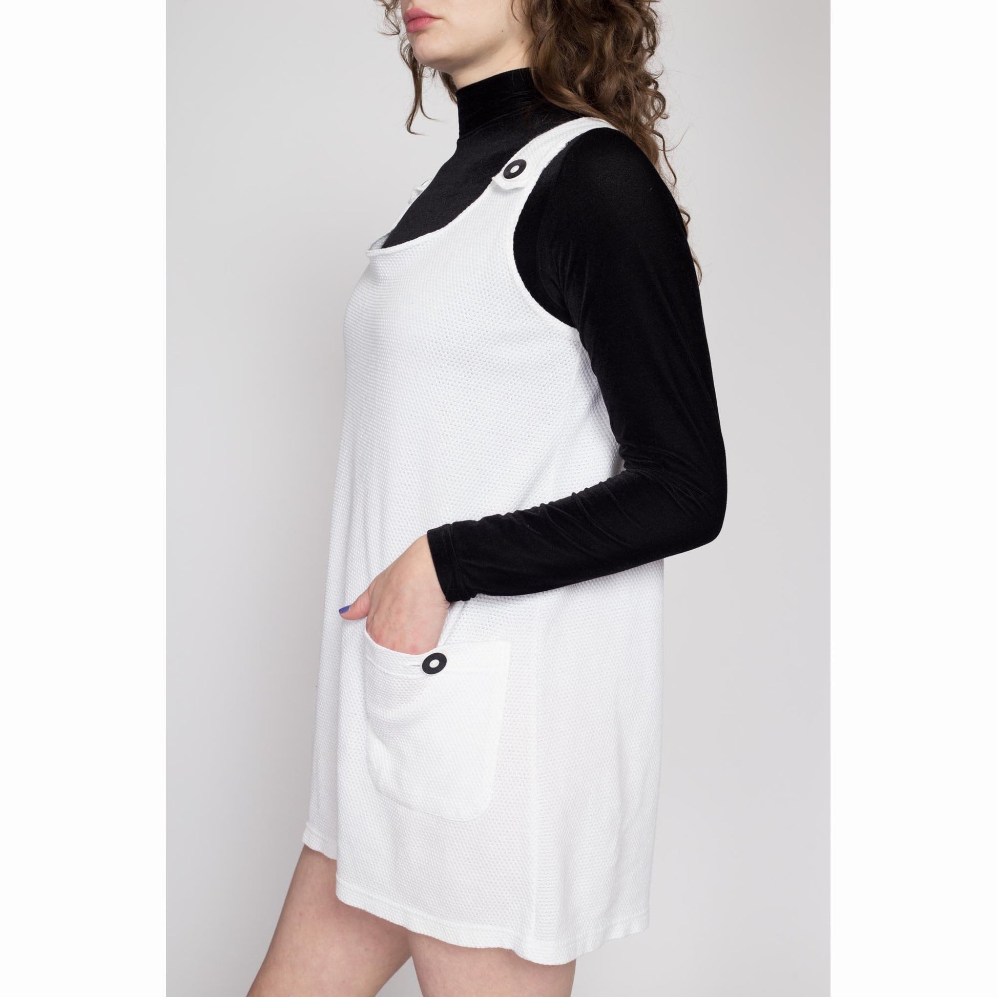 Medium 90s White Mesh Mini Pinafore Dress | Vintage Sheer Beach Cover Up Tank Overall Dress