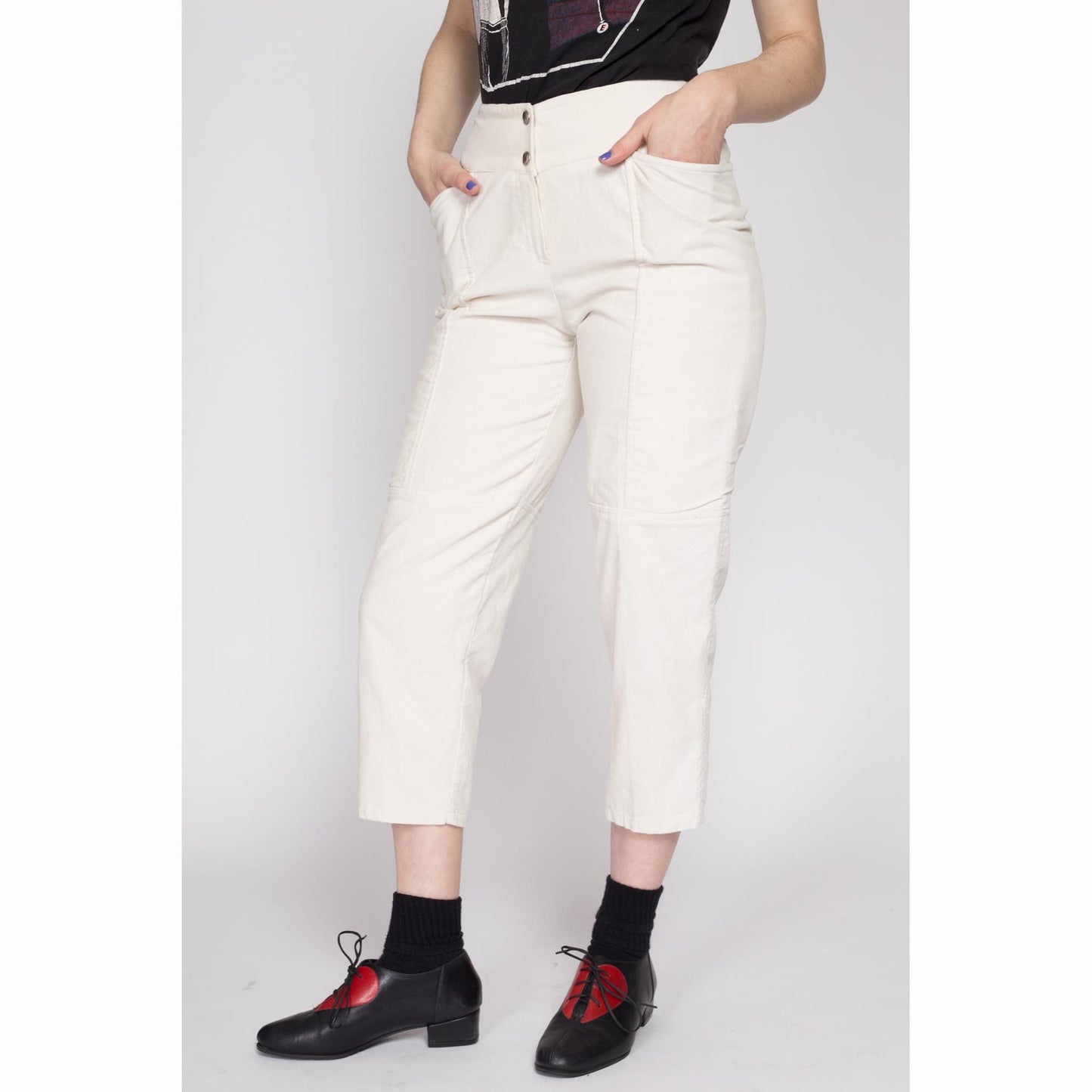XS 80s White Corduroy Capri Pants | Vintage High Waisted Retro Cropped Ankle Trousers