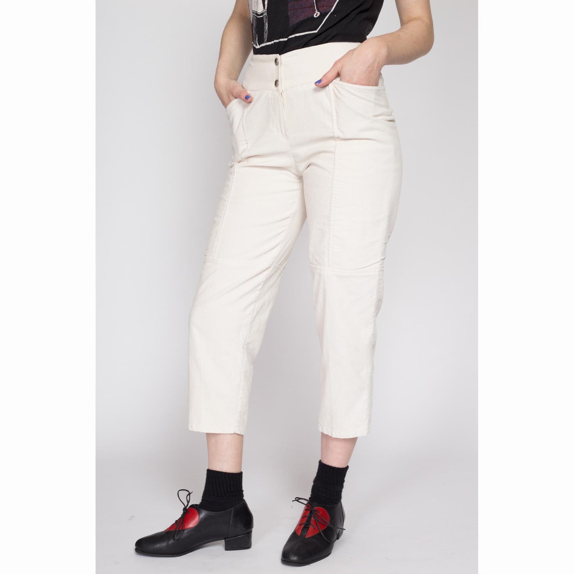 XS 80s White Corduroy Capri Pants | Vintage High Waisted Retro Cropped Ankle Trousers