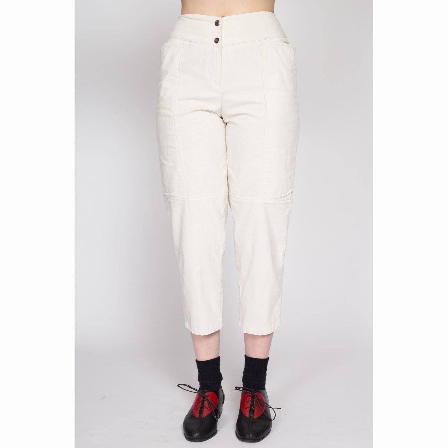 XS 80s White Corduroy Capri Pants | Vintage High Waisted Retro Cropped Ankle Trousers