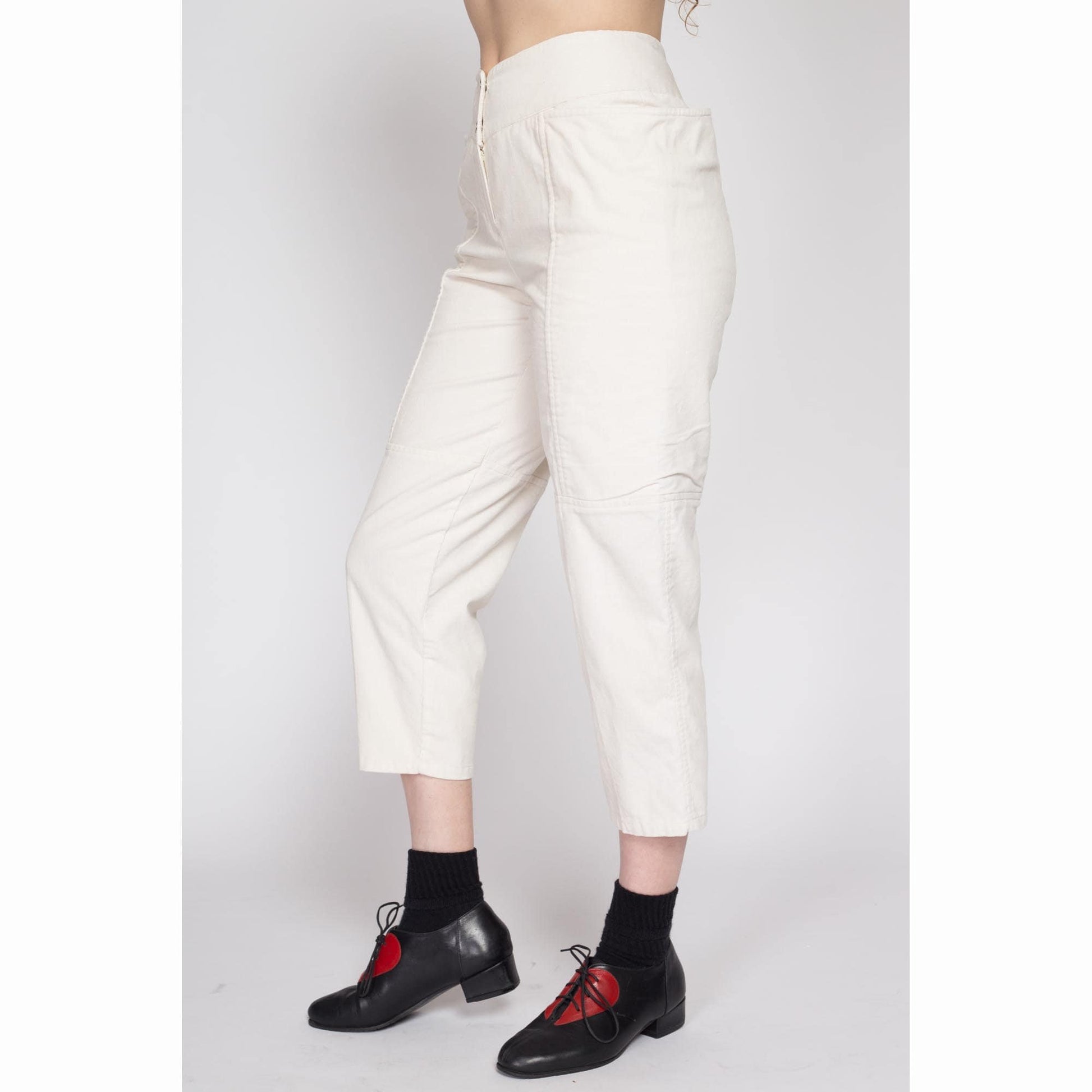 XS 80s White Corduroy Capri Pants | Vintage High Waisted Retro Cropped Ankle Trousers