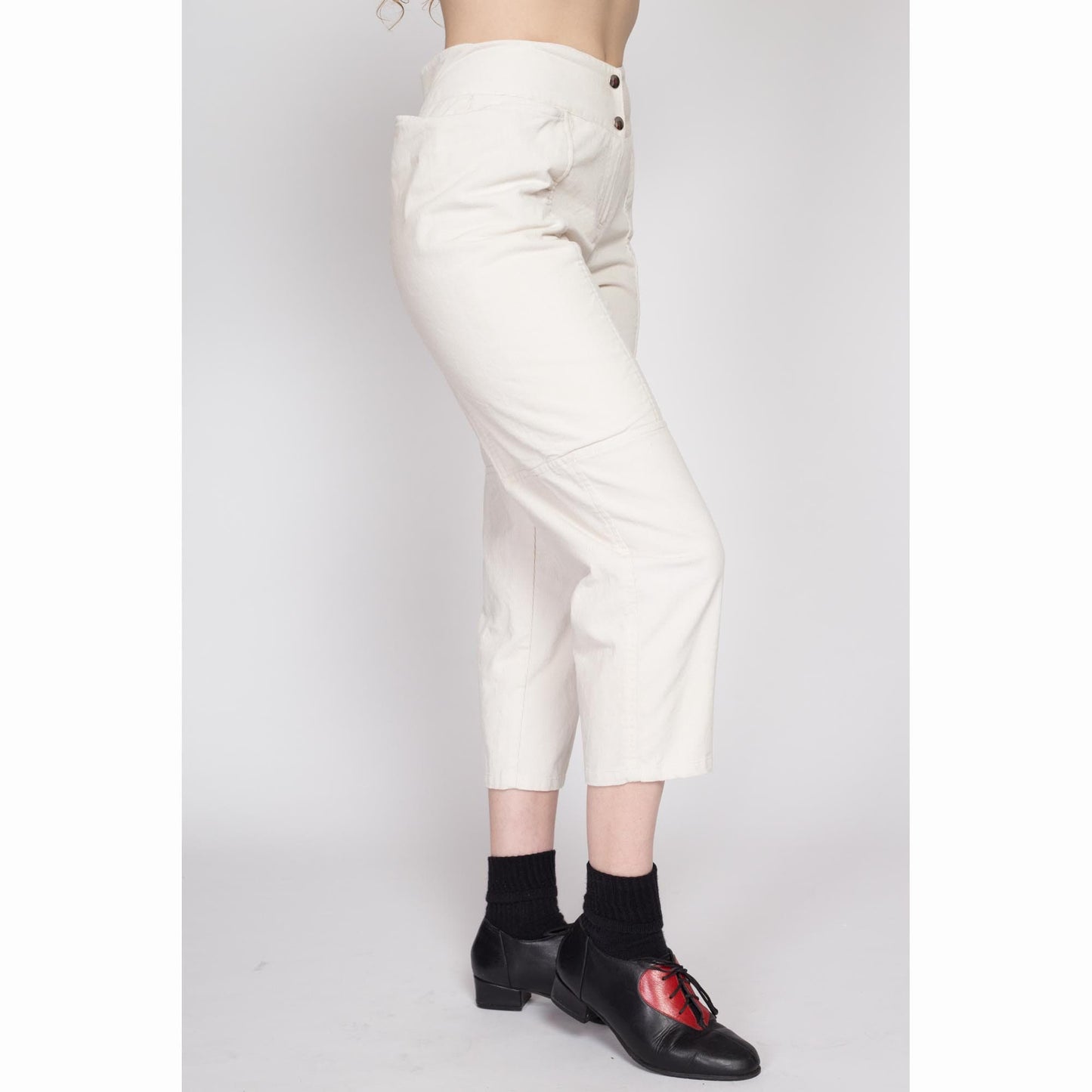 XS 80s White Corduroy Capri Pants | Vintage High Waisted Retro Cropped Ankle Trousers