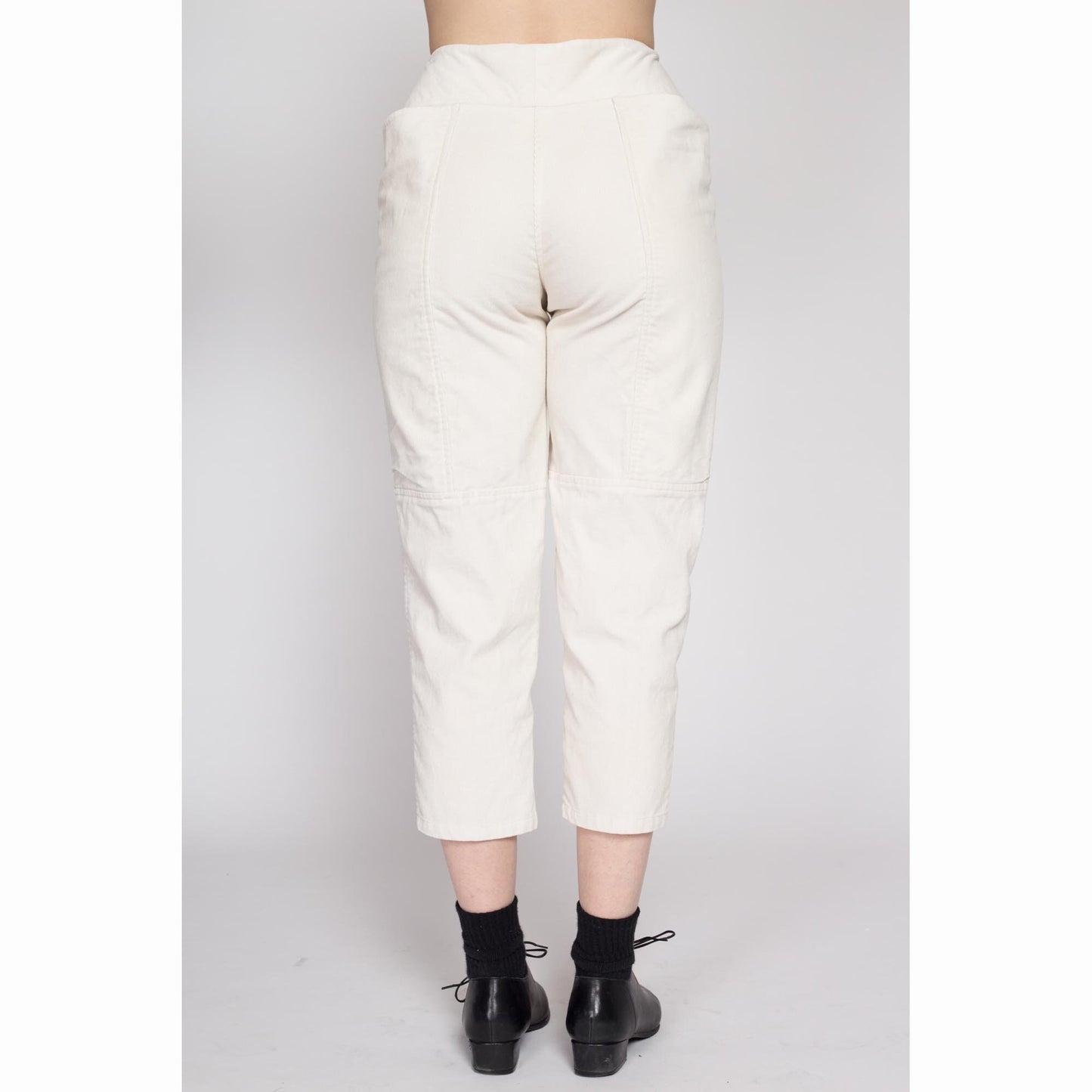 XS 80s White Corduroy Capri Pants | Vintage High Waisted Retro Cropped Ankle Trousers