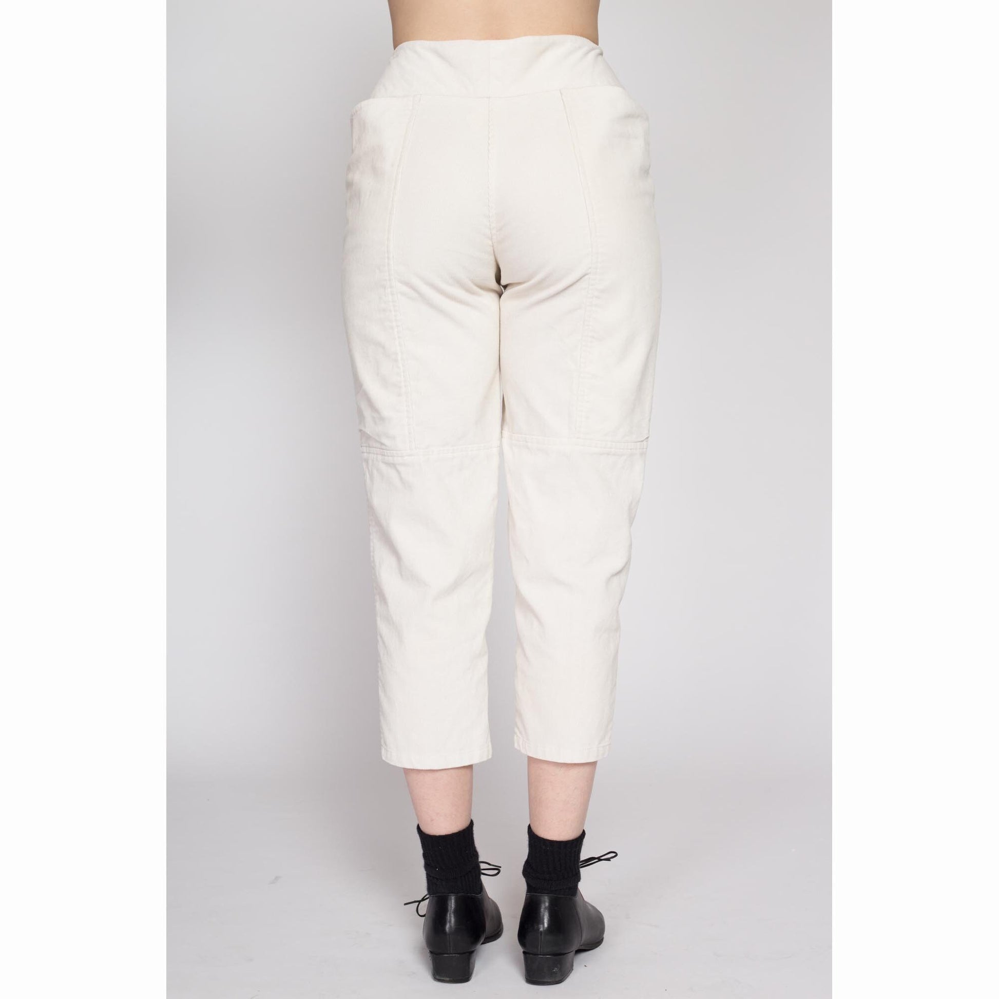 XS 80s White Corduroy Capri Pants | Vintage High Waisted Retro Cropped Ankle Trousers