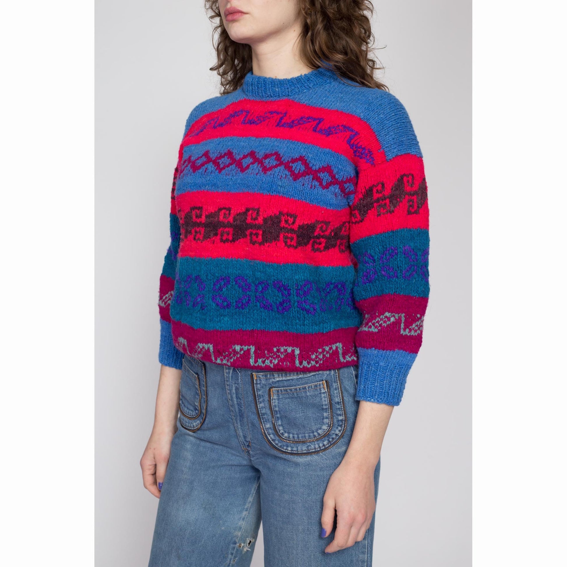 Petite Medium 70s Blue & Red Striped Lambswool Knit Sweater | Vintage Bolivian Wool Mockneck Pullover Jumper