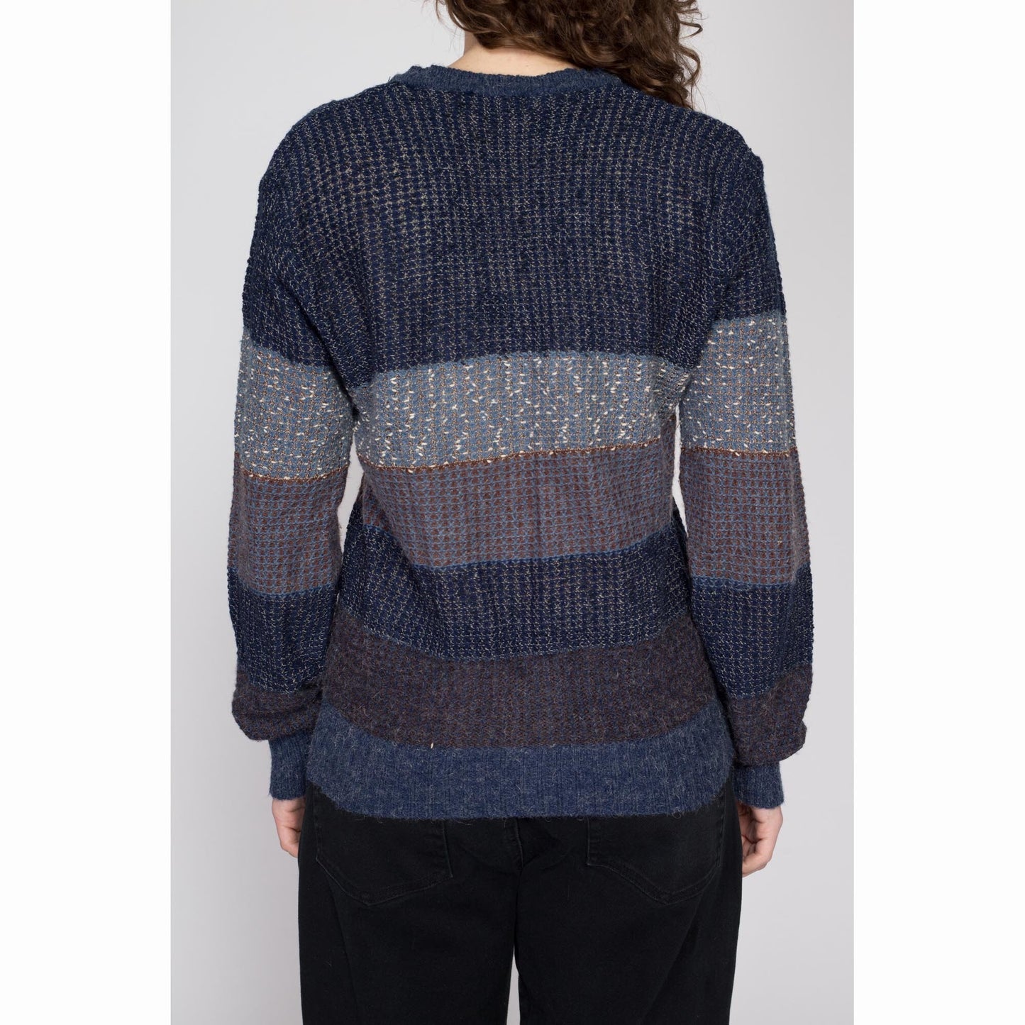 Large 80s Navy Blue Striped Knit Sweater | Vintage Preppy V Neck Slouchy Open Weave Pullover