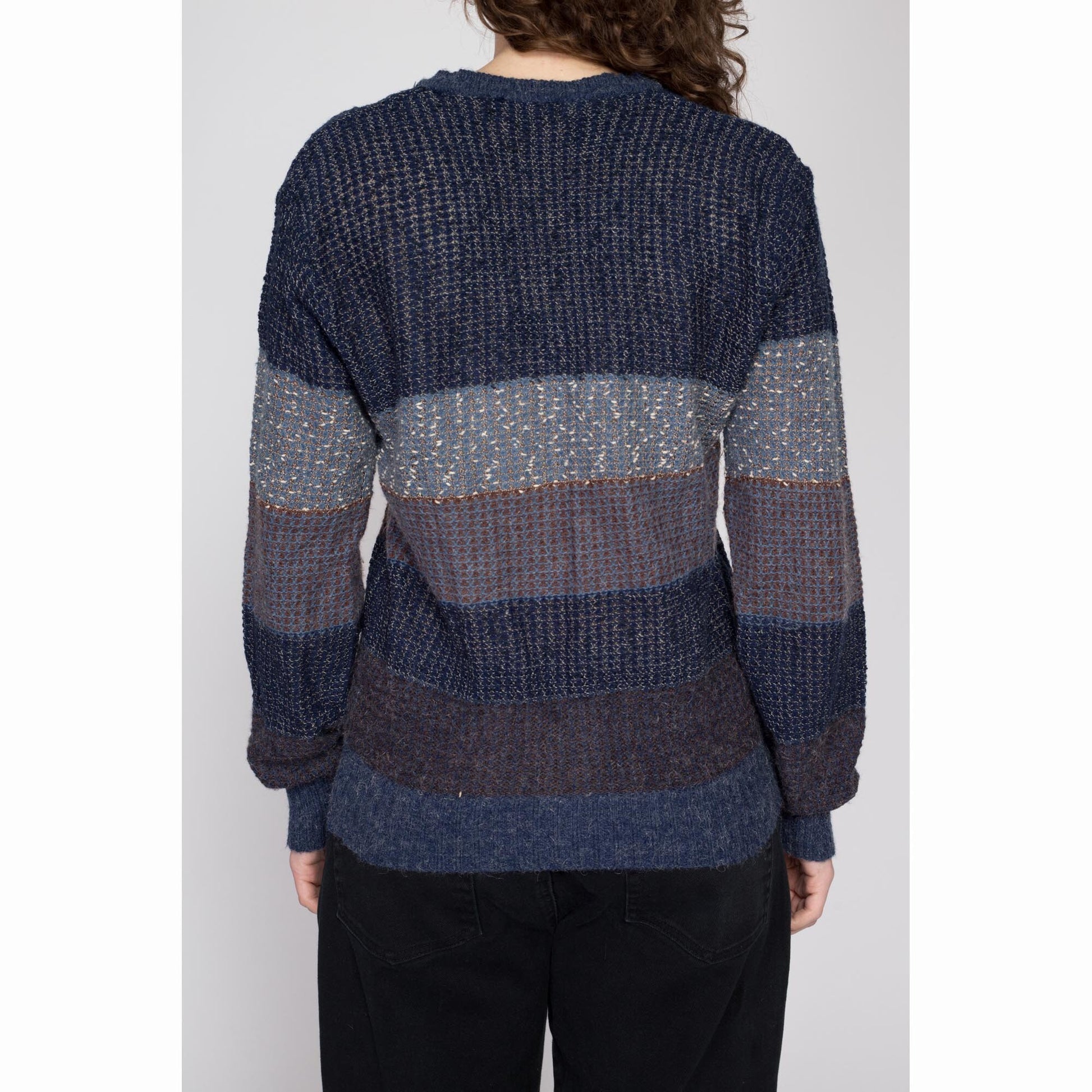 Large 80s Navy Blue Striped Knit Sweater | Vintage Preppy V Neck Slouchy Open Weave Pullover
