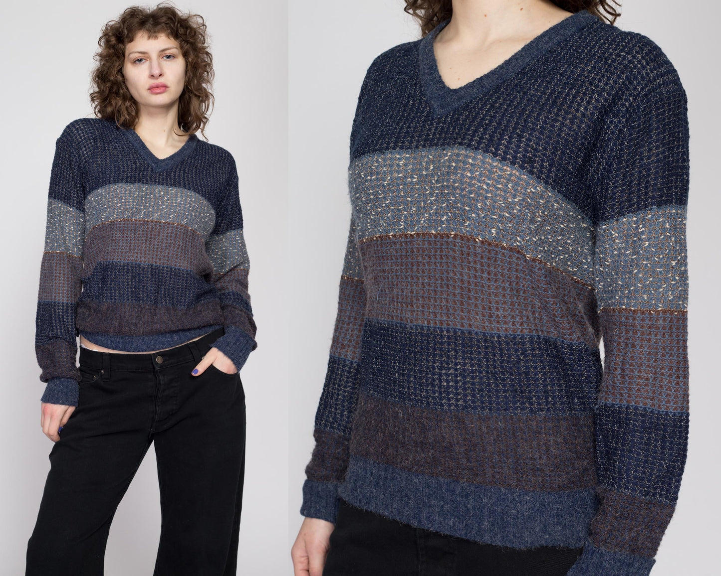 Large 80s Navy Blue Striped Knit Sweater | Vintage Preppy V Neck Slouchy Open Weave Pullover