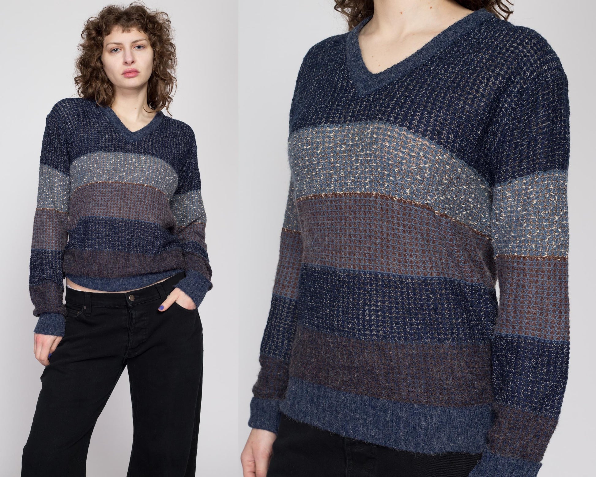 Large 80s Navy Blue Striped Knit Sweater | Vintage Preppy V Neck Slouchy Open Weave Pullover