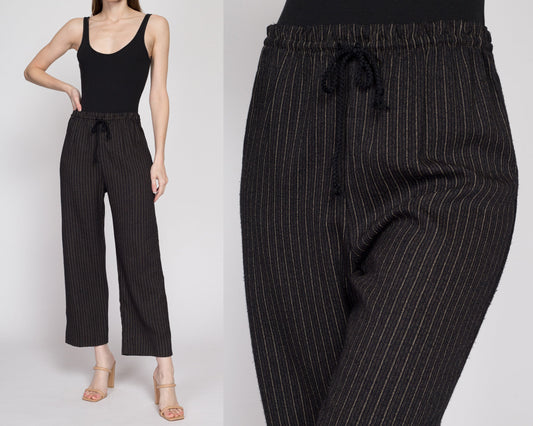 Small 90s Black Pinstriped Drawstring Lounge Pants | Vintage Elastic Waist Casual Striped Rayon Blend Straight Leg Trousers