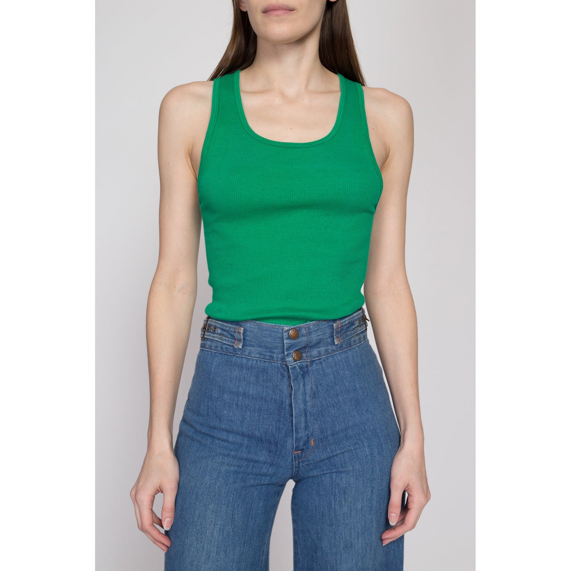 Sm-Lrg 80s Plain Green Undershirt Muscle Tank | Vintage Soft Combed Cotton Ribbed Sleeveless Top