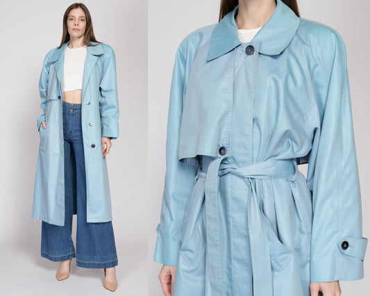 Large 80s London Fog Iridescent Blue Belted Trench Coat | Vintage Single Breasted Button Up Long Jacket