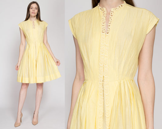 Small 50s 60s Yellow Fit Flare Day Dress | Vintage R&K Originals Knife Pleated Crochet Trim Mini Dress