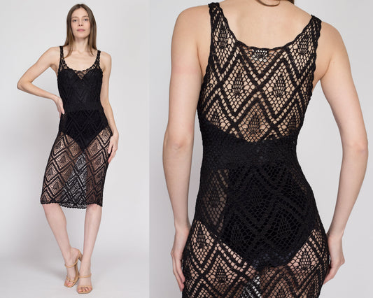 Small 90s Sheer Black Crochet Bodycon Midi Dress | Vintage Boho Beach Cover Up Stretchy Fitted Tank Sundress