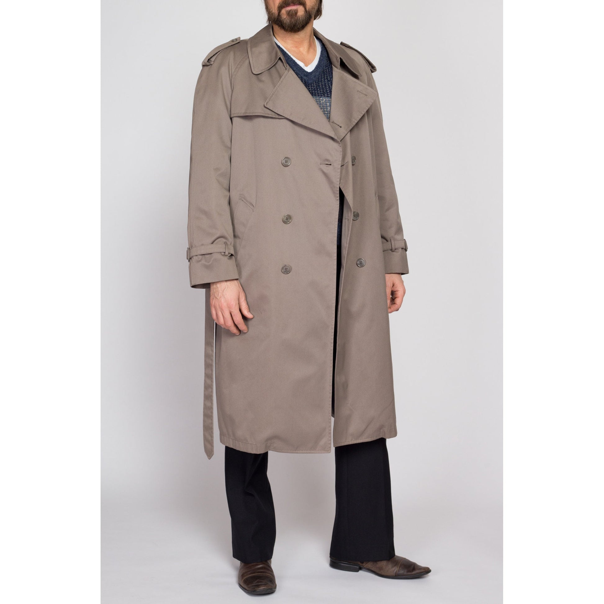 Large Vintage London Towne Taupe Trench Coat 44 Regular | 80s 90s London Fog Long Button Up Belted Duster Jacket