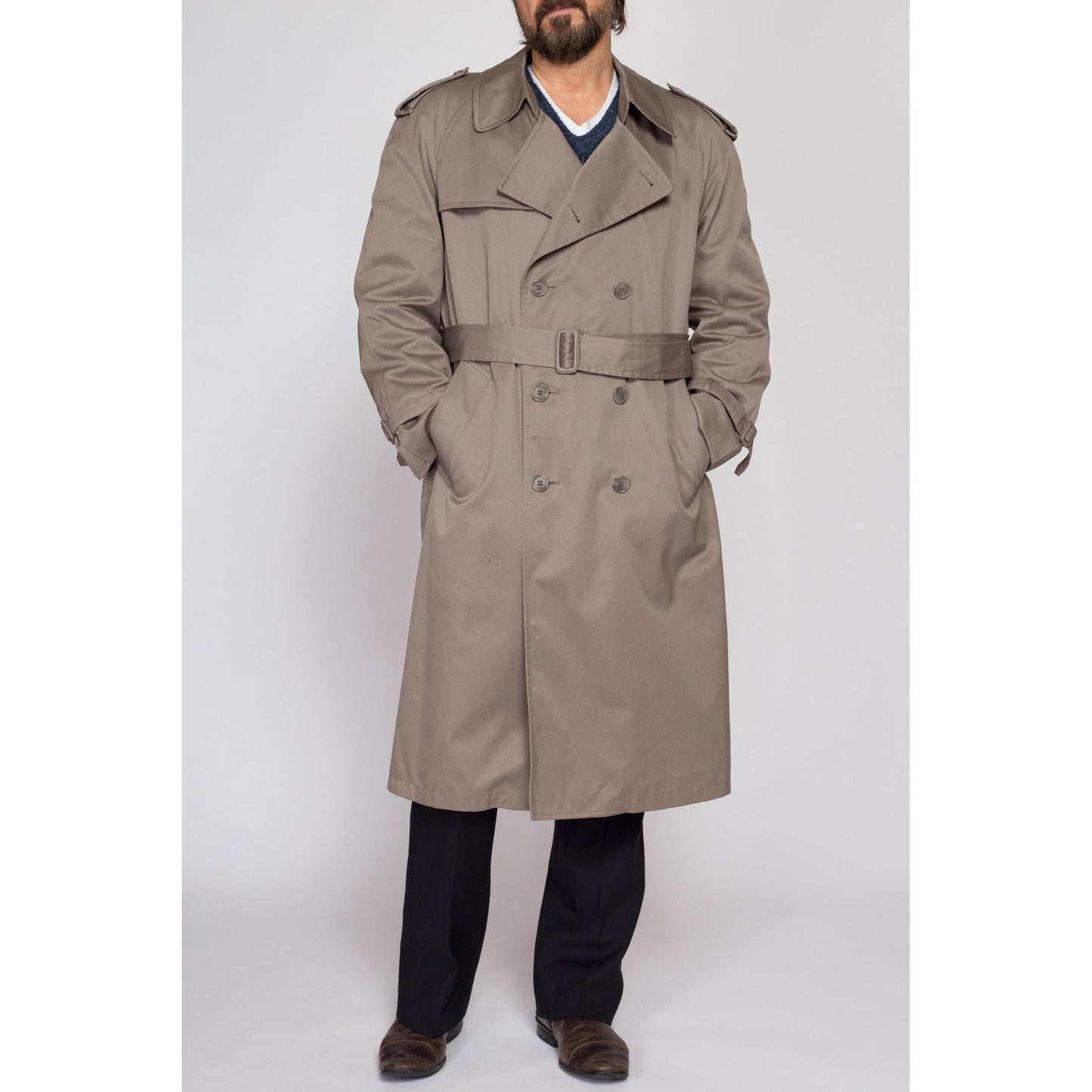 Large Vintage London Towne Taupe Trench Coat 44 Regular | 80s 90s London Fog Long Button Up Belted Duster Jacket