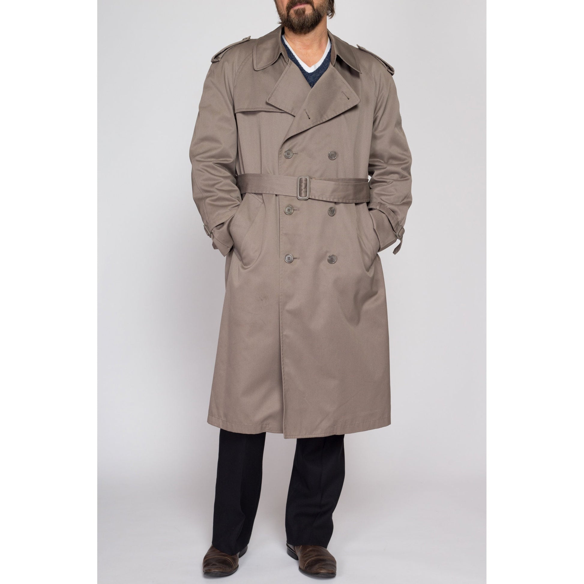 Large Vintage London Towne Taupe Trench Coat 44 Regular | 80s 90s London Fog Long Button Up Belted Duster Jacket