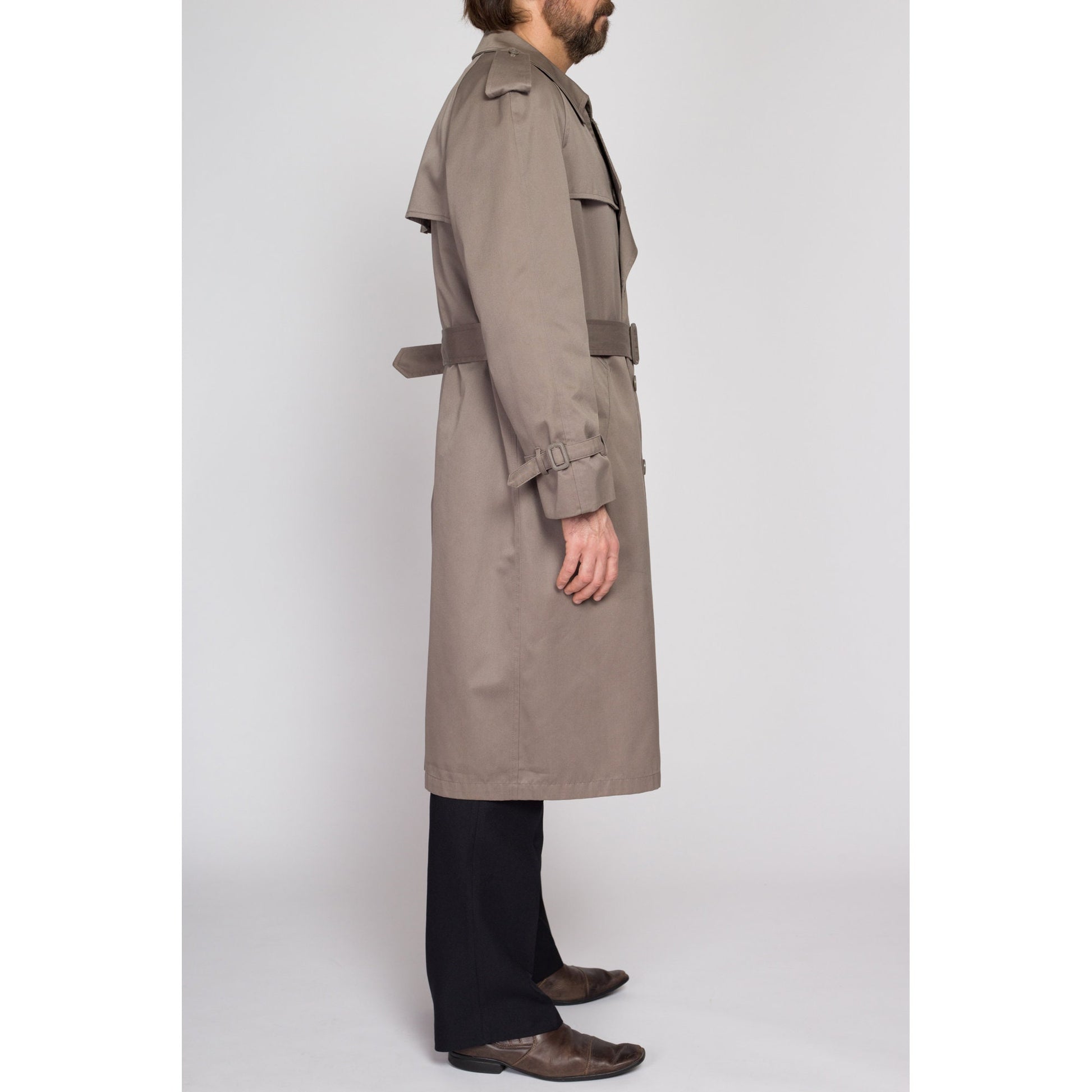 Large Vintage London Towne Taupe Trench Coat 44 Regular | 80s 90s London Fog Long Button Up Belted Duster Jacket