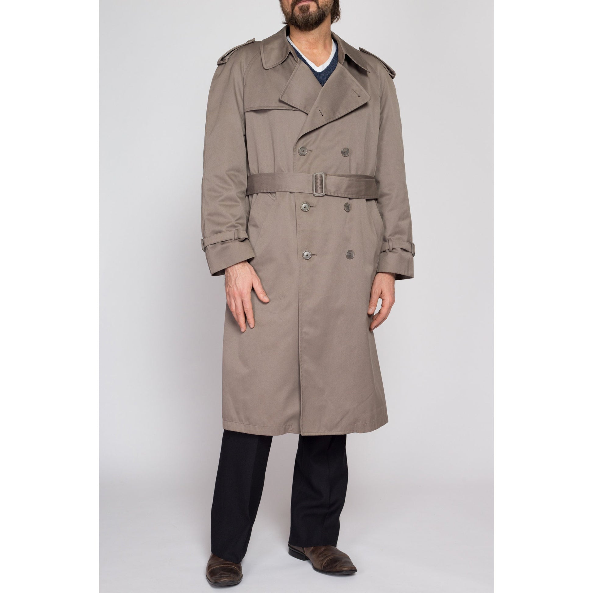 Large Vintage London Towne Taupe Trench Coat 44 Regular | 80s 90s London Fog Long Button Up Belted Duster Jacket
